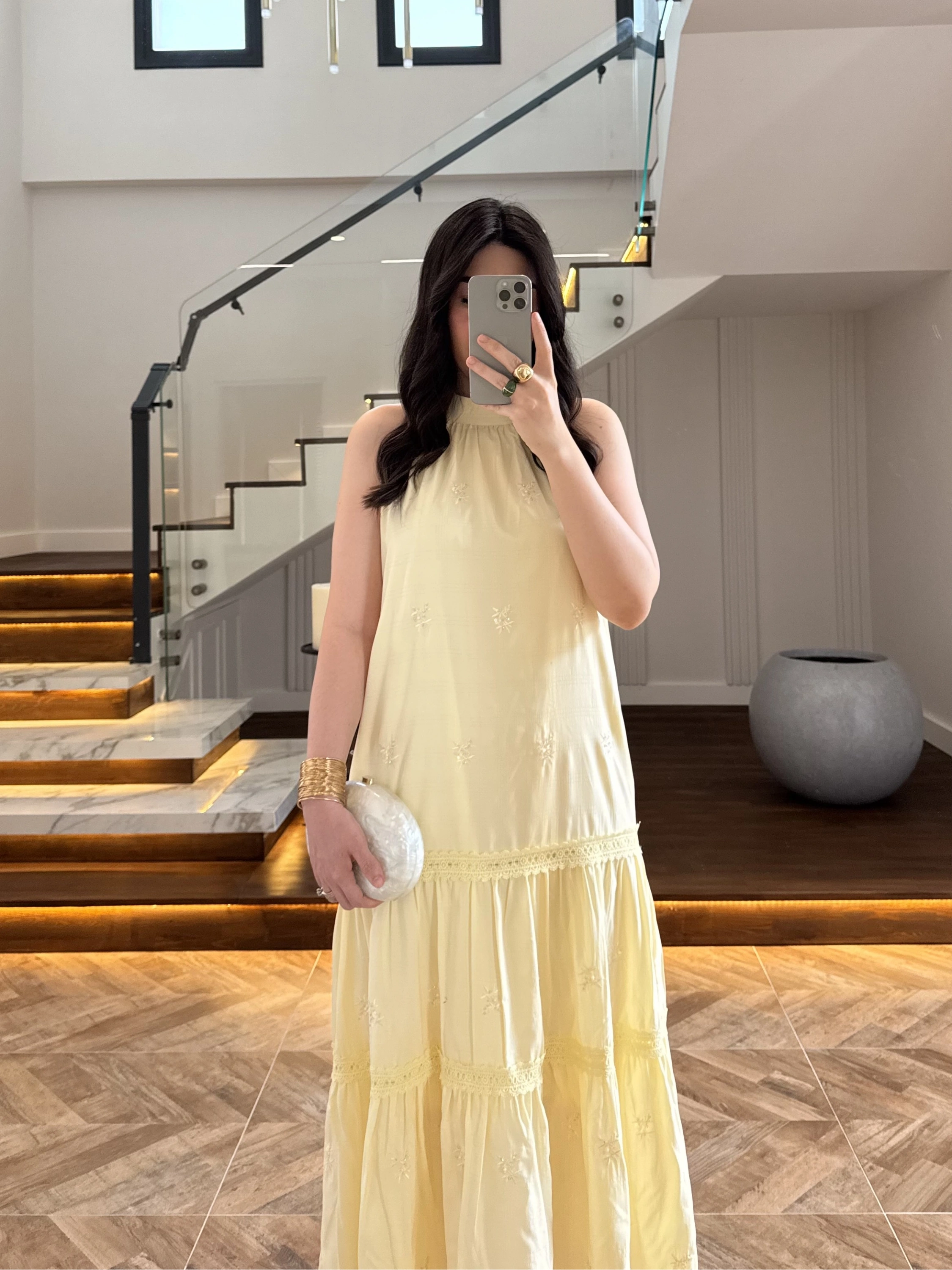 SARI GÜPÜR DETAY KAT KAT ELBİSE-9614