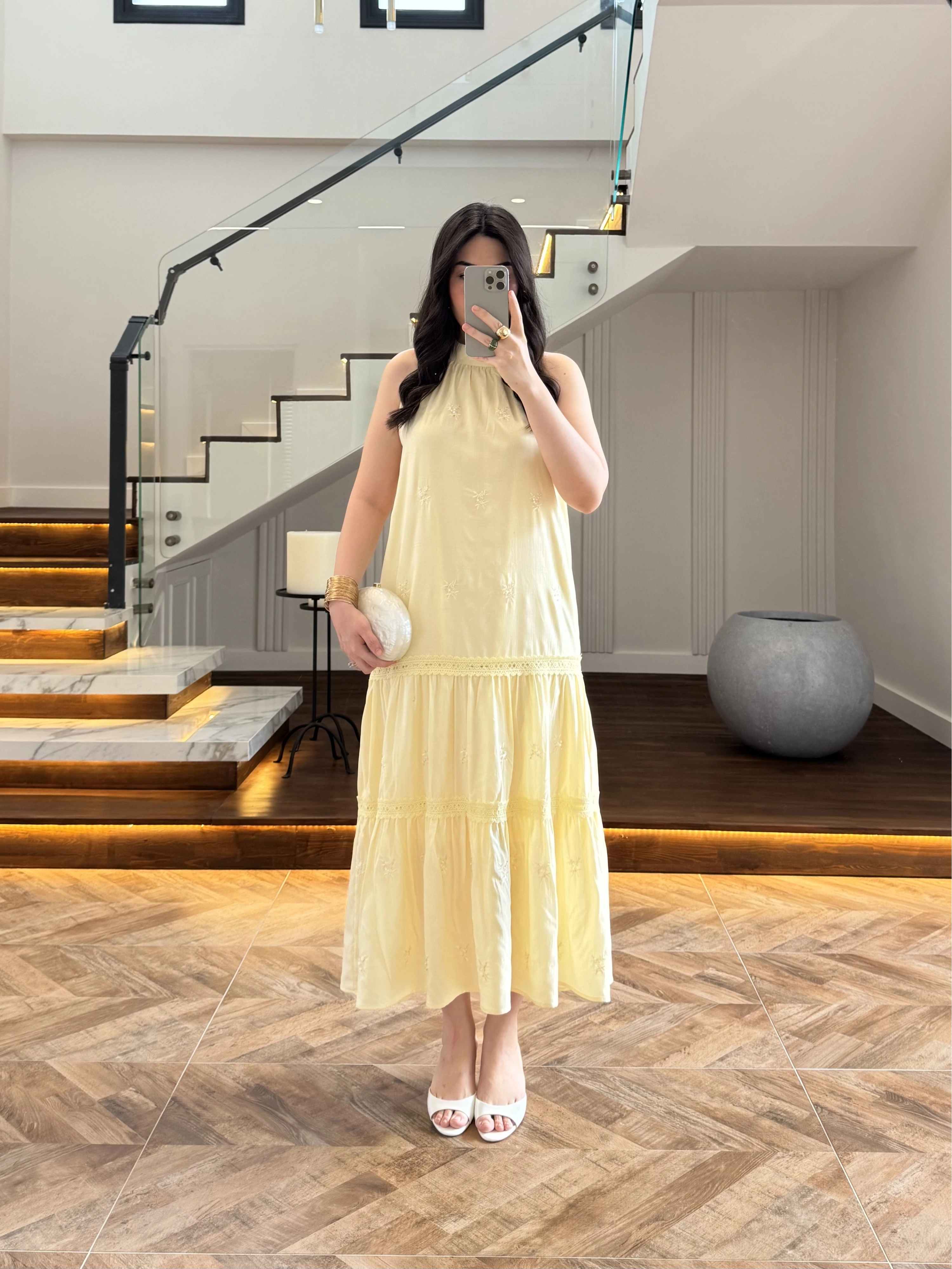 SARI GÜPÜR DETAY KAT KAT ELBİSE-9614