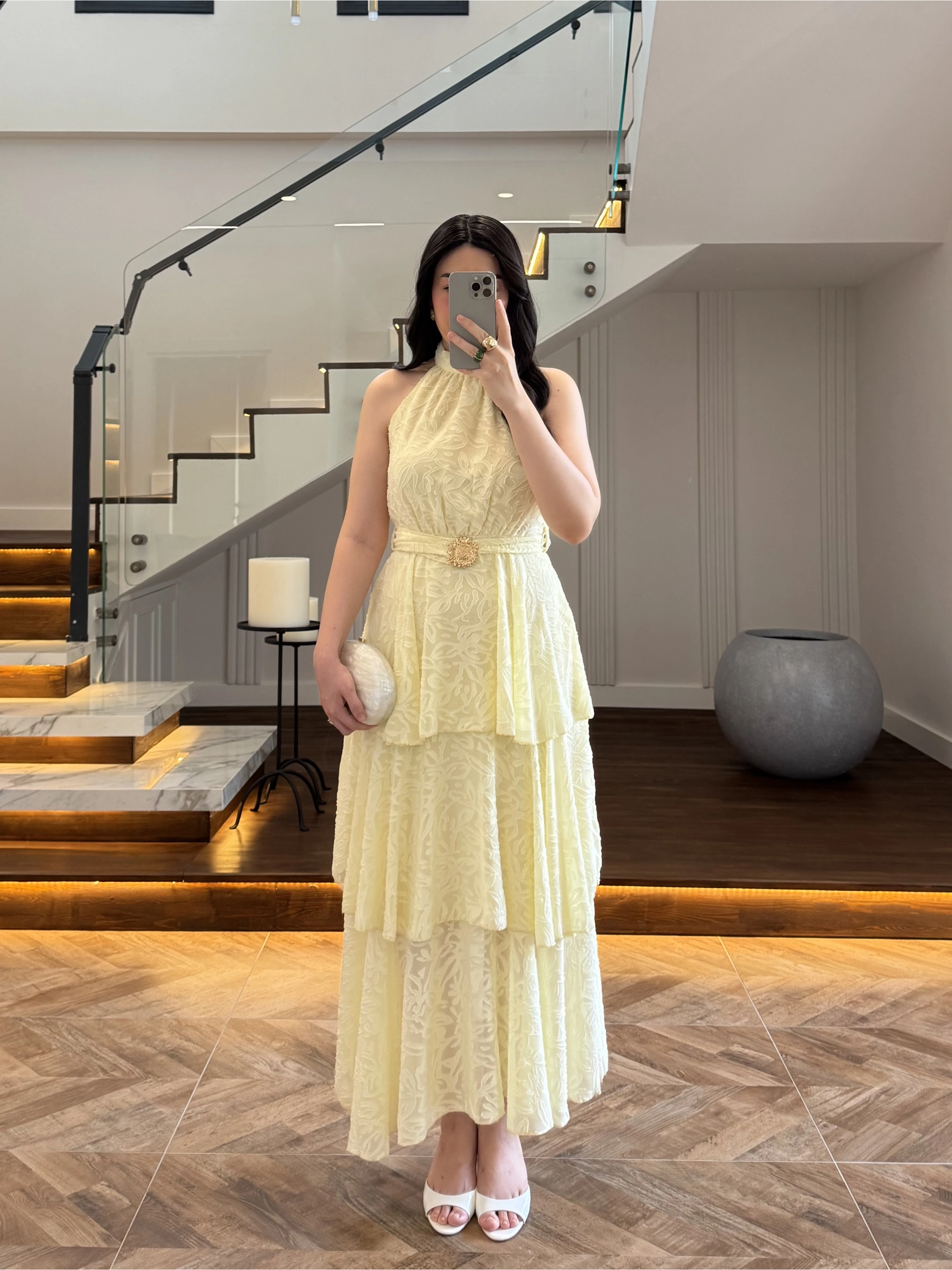 SARI KEMERLİ KAT KAT ELBİSE -4098