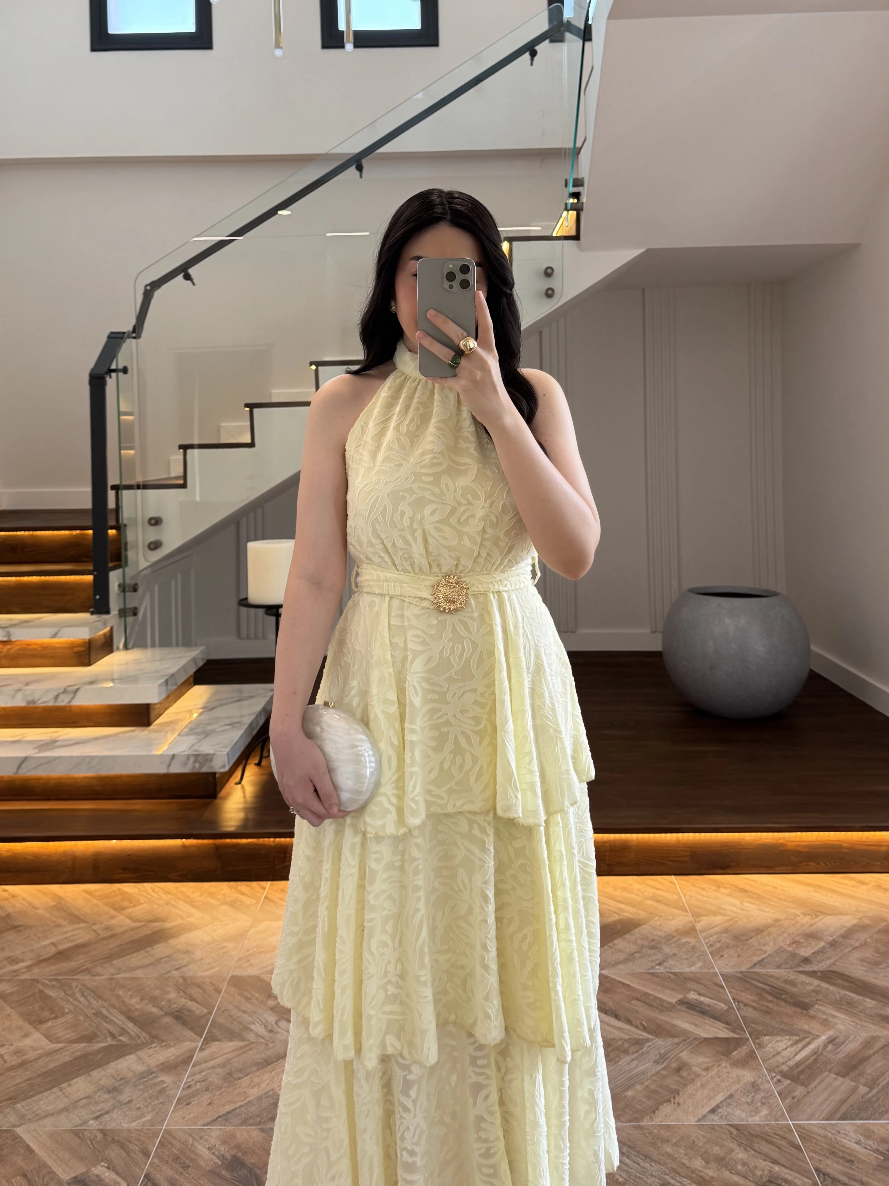 SARI KEMERLİ KAT KAT ELBİSE -4098