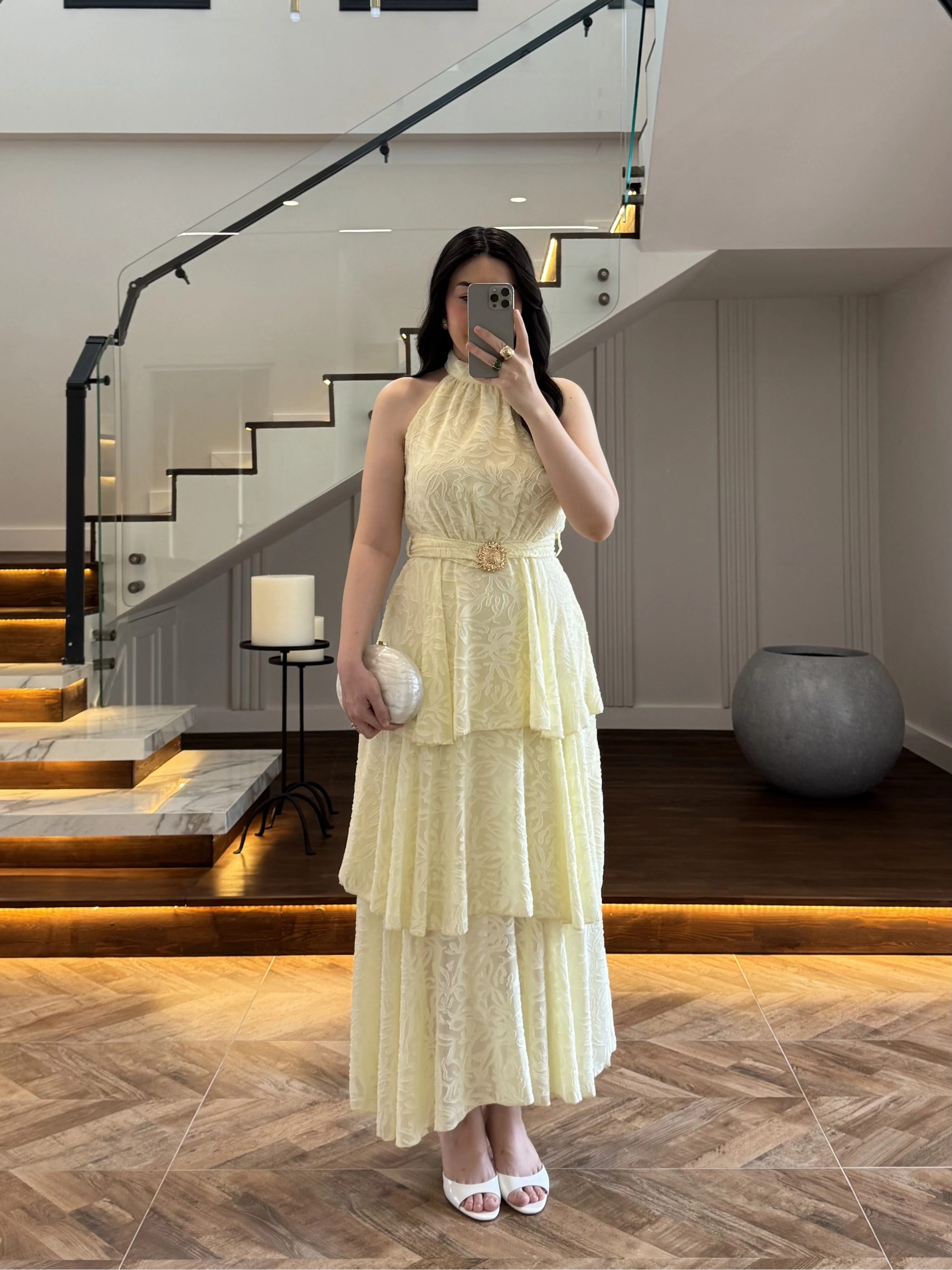 SARI KEMERLİ KAT KAT ELBİSE -4098