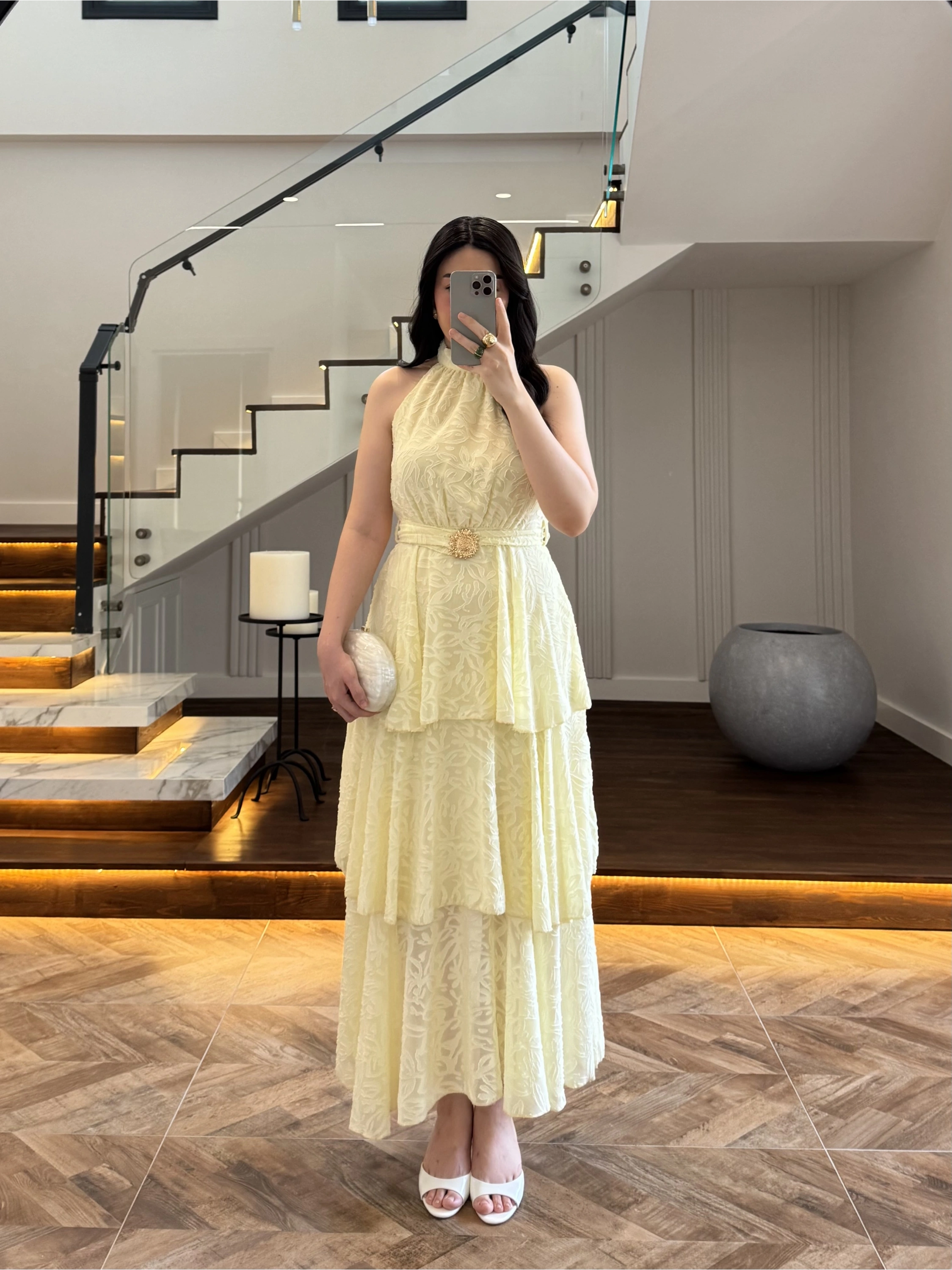 SARI KEMERLİ KAT KAT ELBİSE -4098