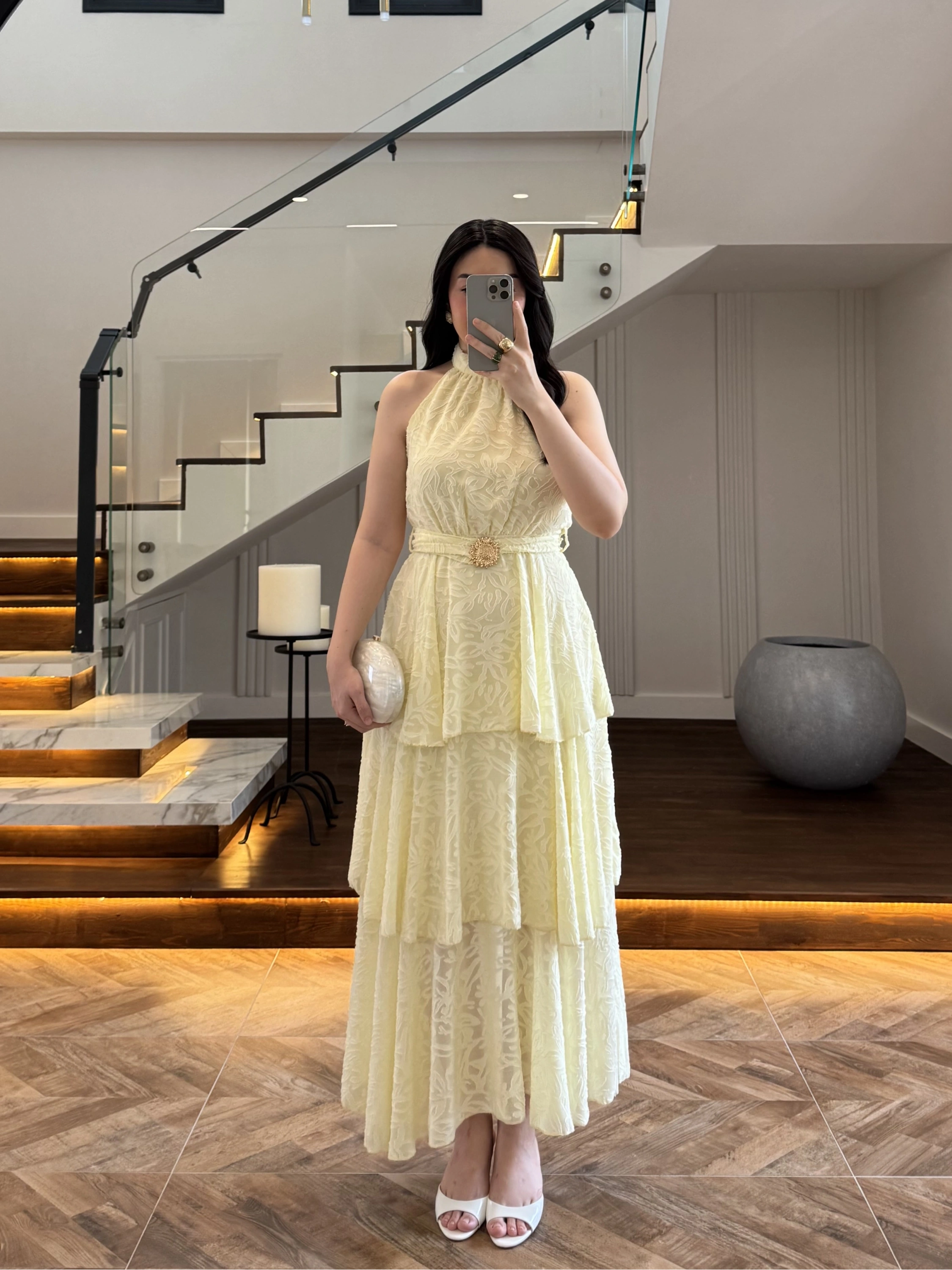 SARI KEMERLİ KAT KAT ELBİSE -4098