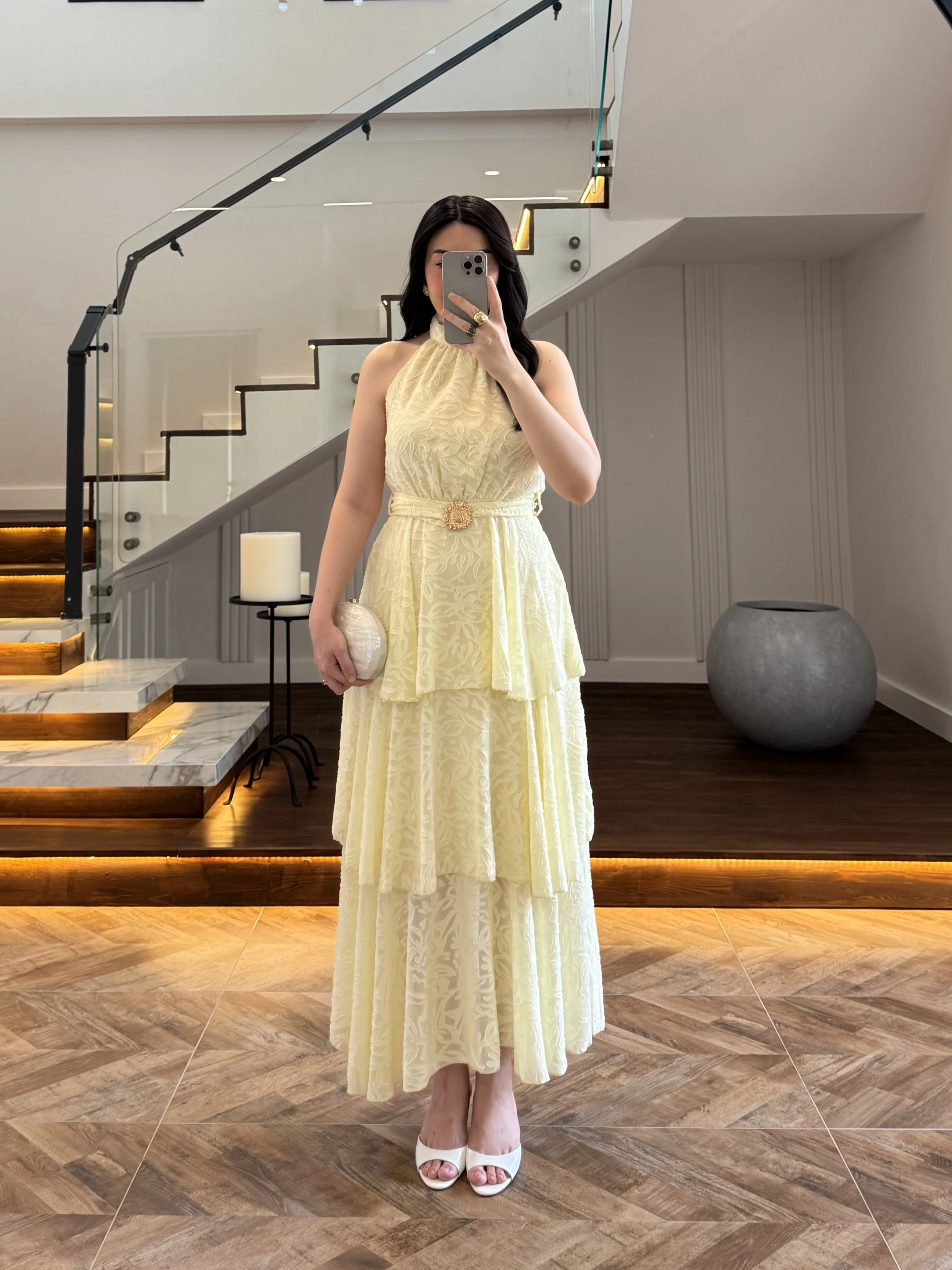 SARI KEMERLİ KAT KAT ELBİSE -4098