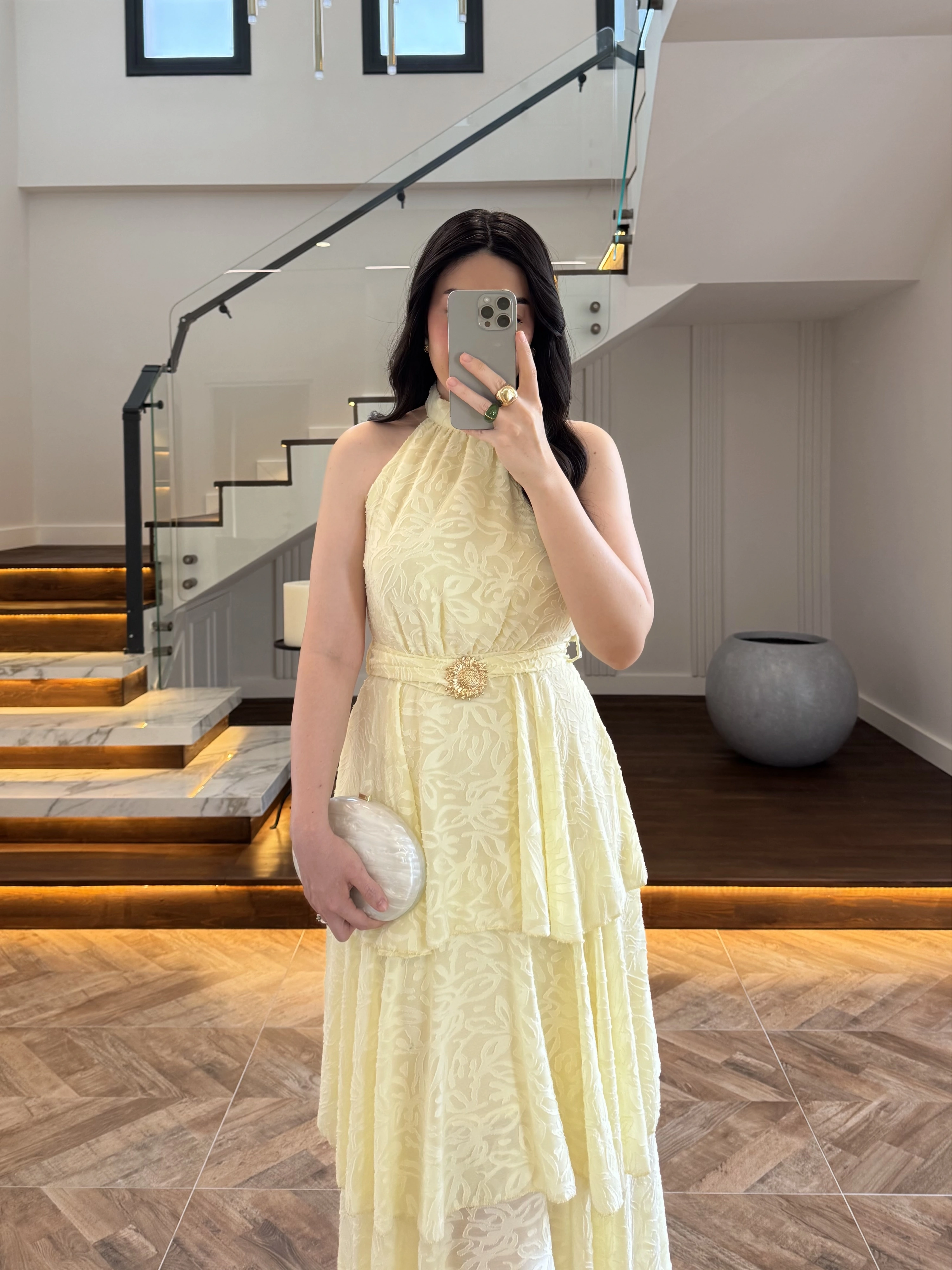 SARI KEMERLİ KAT KAT ELBİSE -4098