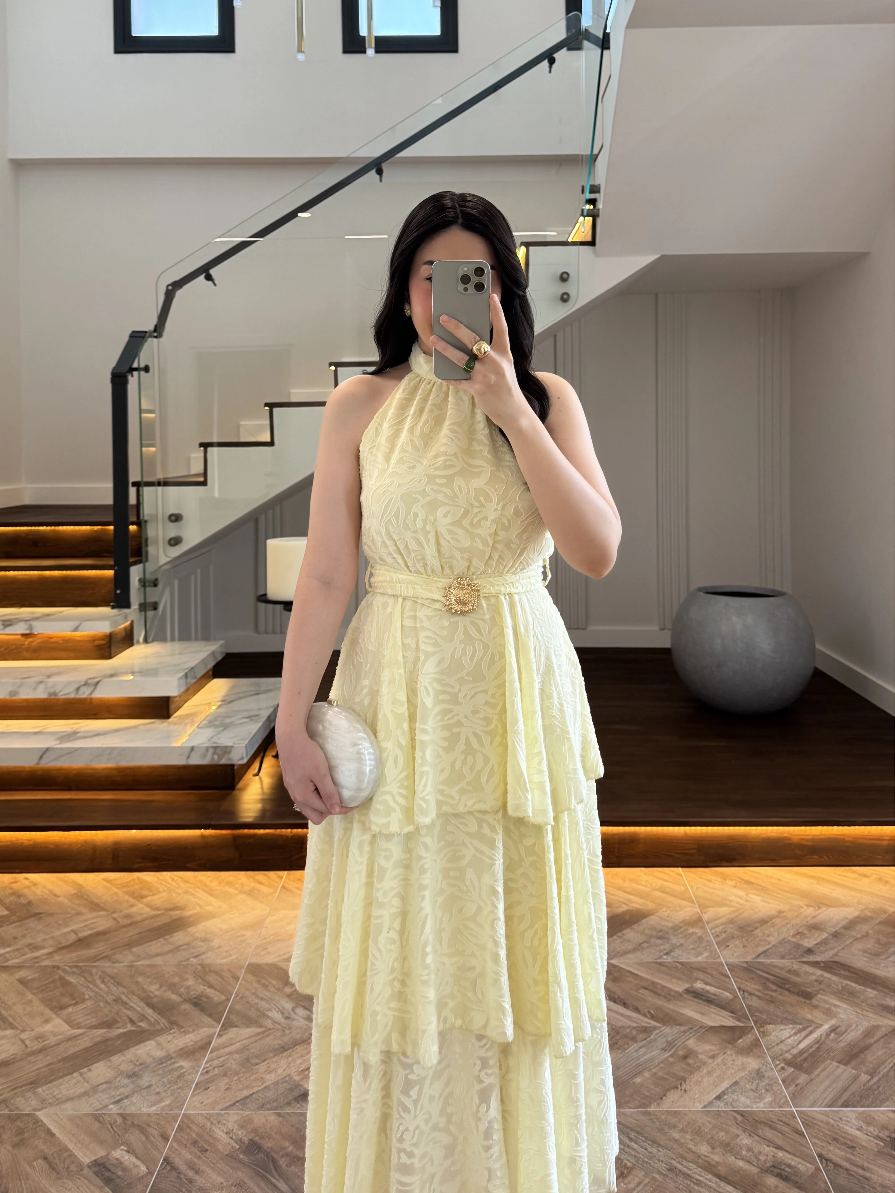 SARI KEMERLİ KAT KAT ELBİSE -4098