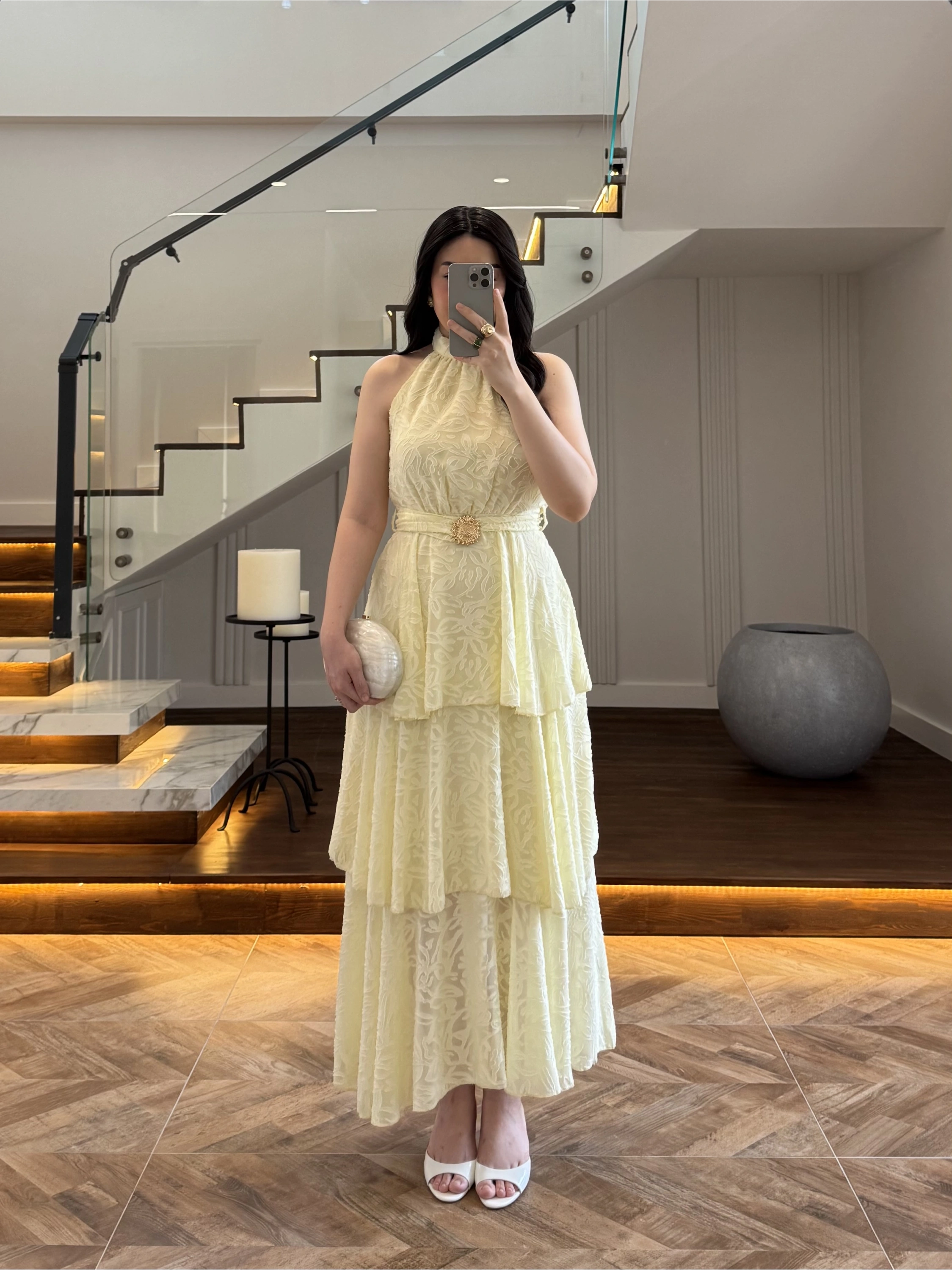 SARI KEMERLİ KAT KAT ELBİSE -4098
