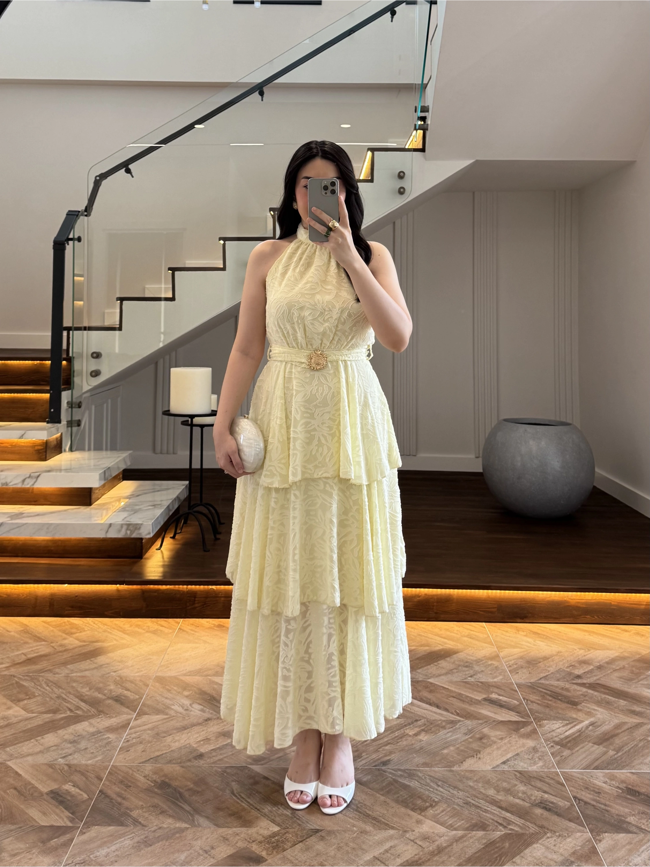 SARI KEMERLİ KAT KAT ELBİSE -4098