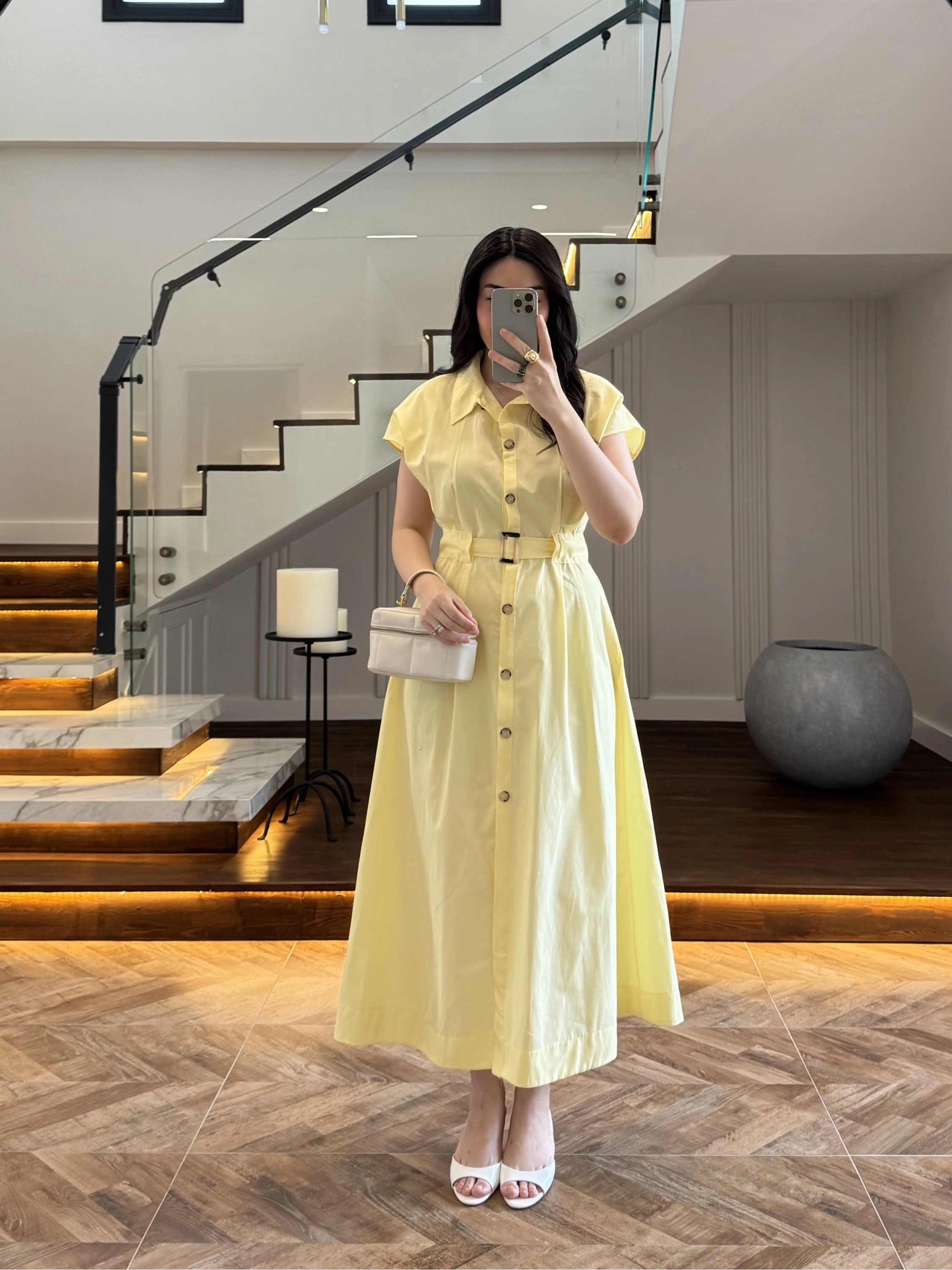 SARI ÖNÜ DÜĞMELİ KEMERLİ ELBİSE -3976