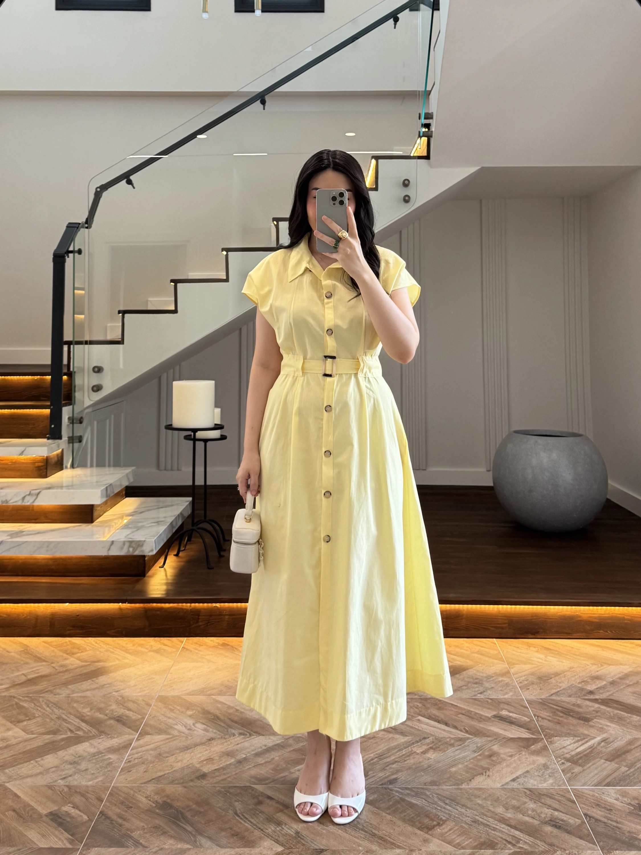 SARI ÖNÜ DÜĞMELİ KEMERLİ ELBİSE -3976