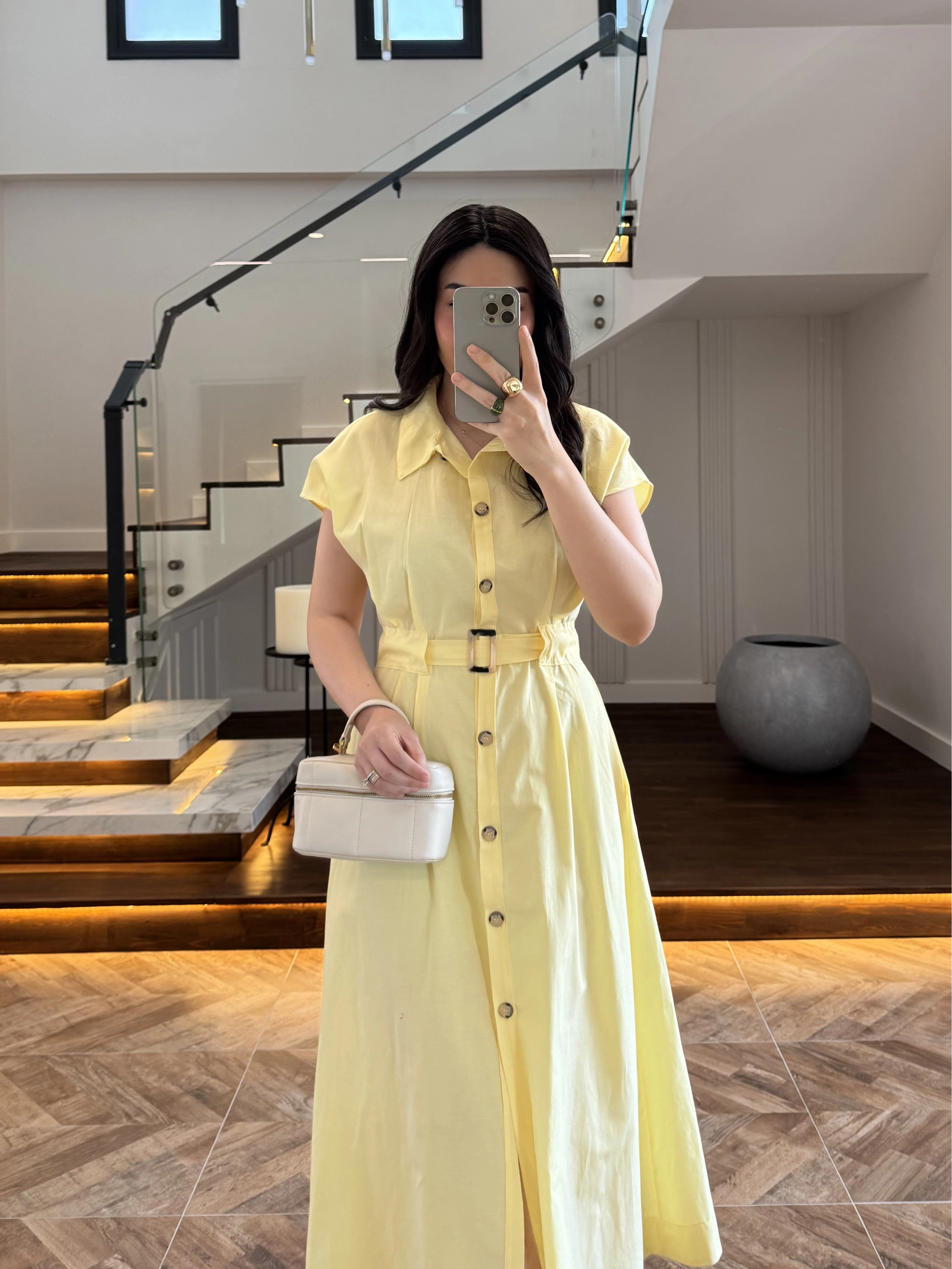 SARI ÖNÜ DÜĞMELİ KEMERLİ ELBİSE -3976