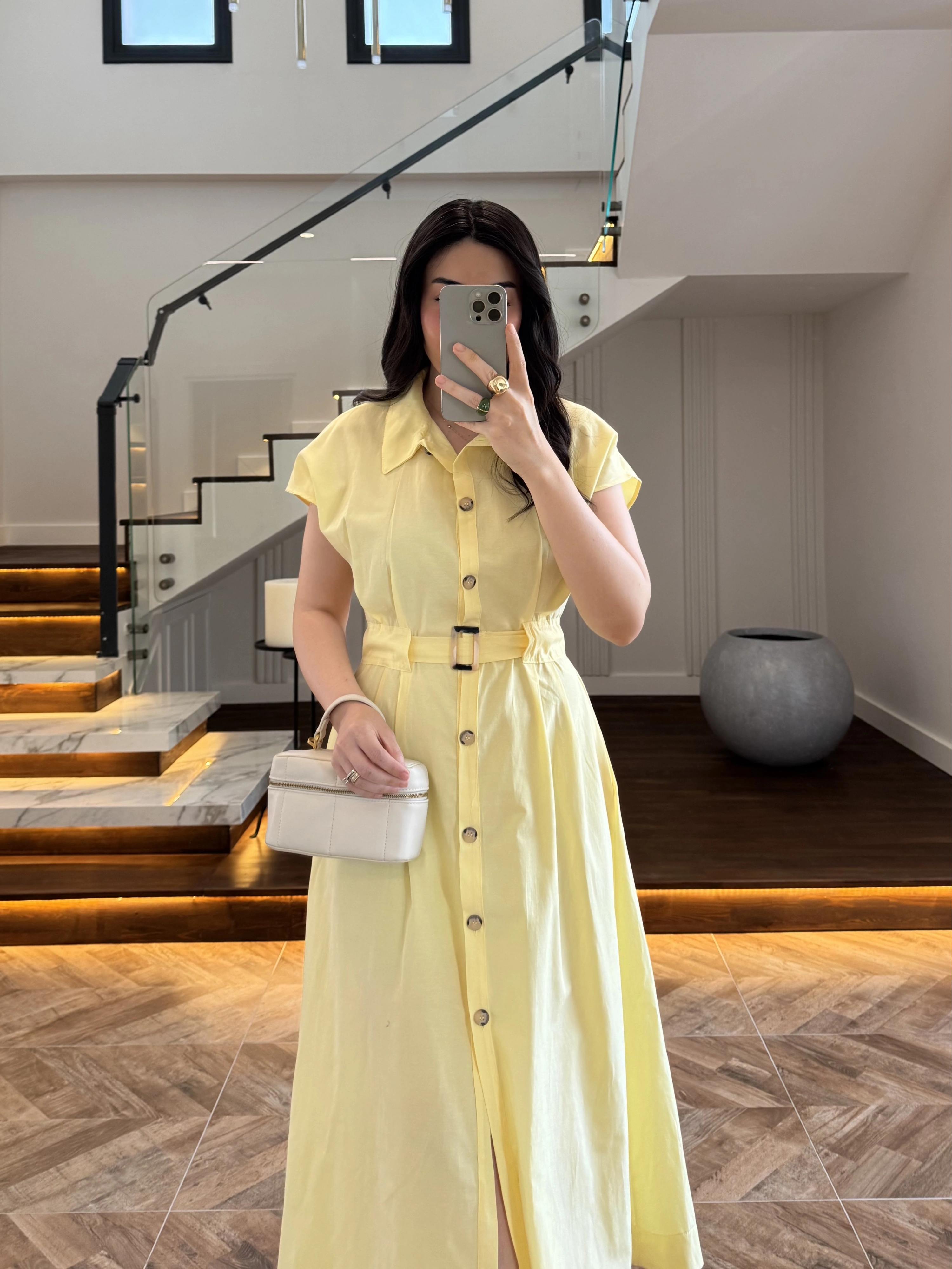 SARI ÖNÜ DÜĞMELİ KEMERLİ ELBİSE -3976