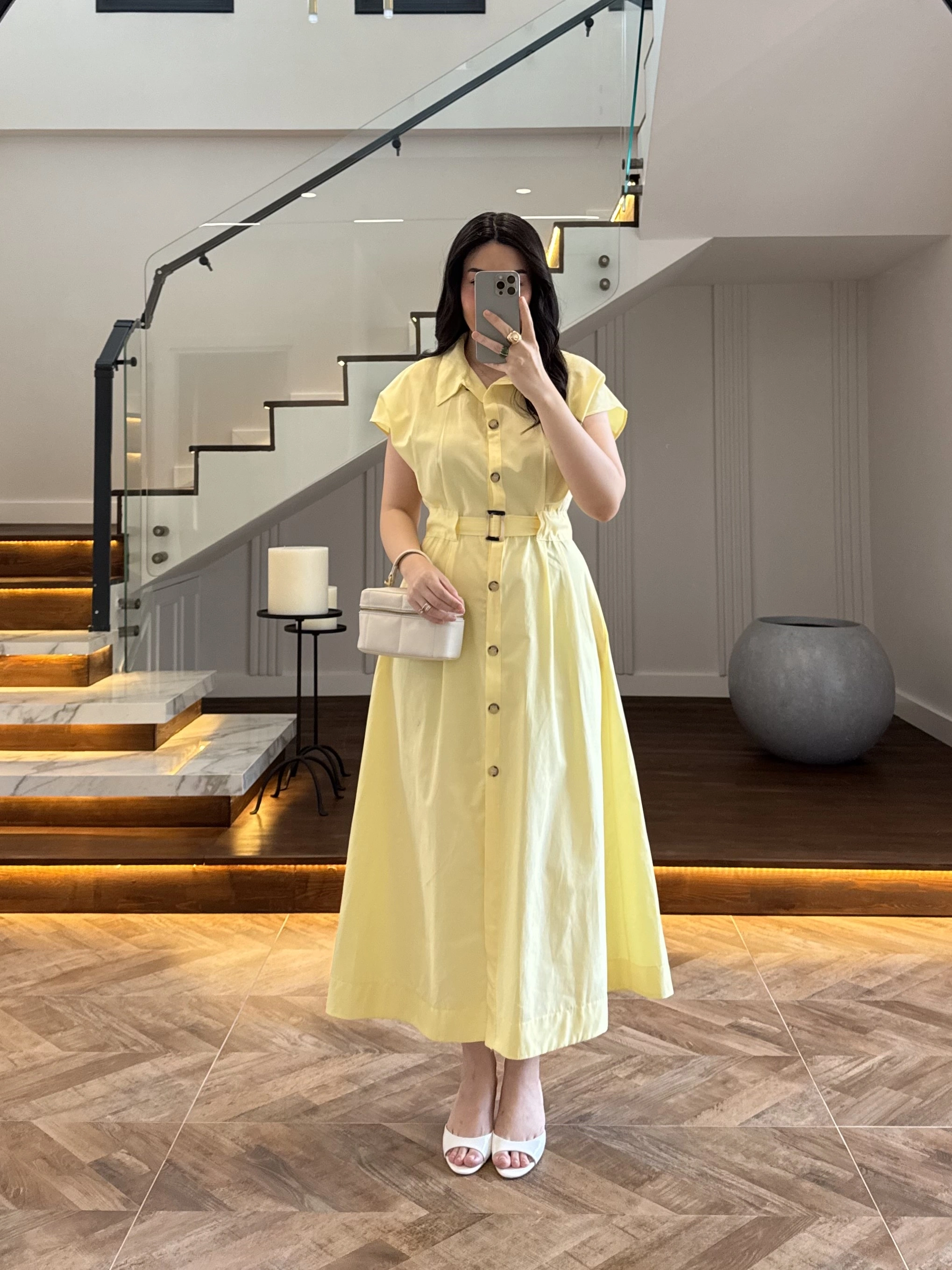 SARI ÖNÜ DÜĞMELİ KEMERLİ ELBİSE -3976