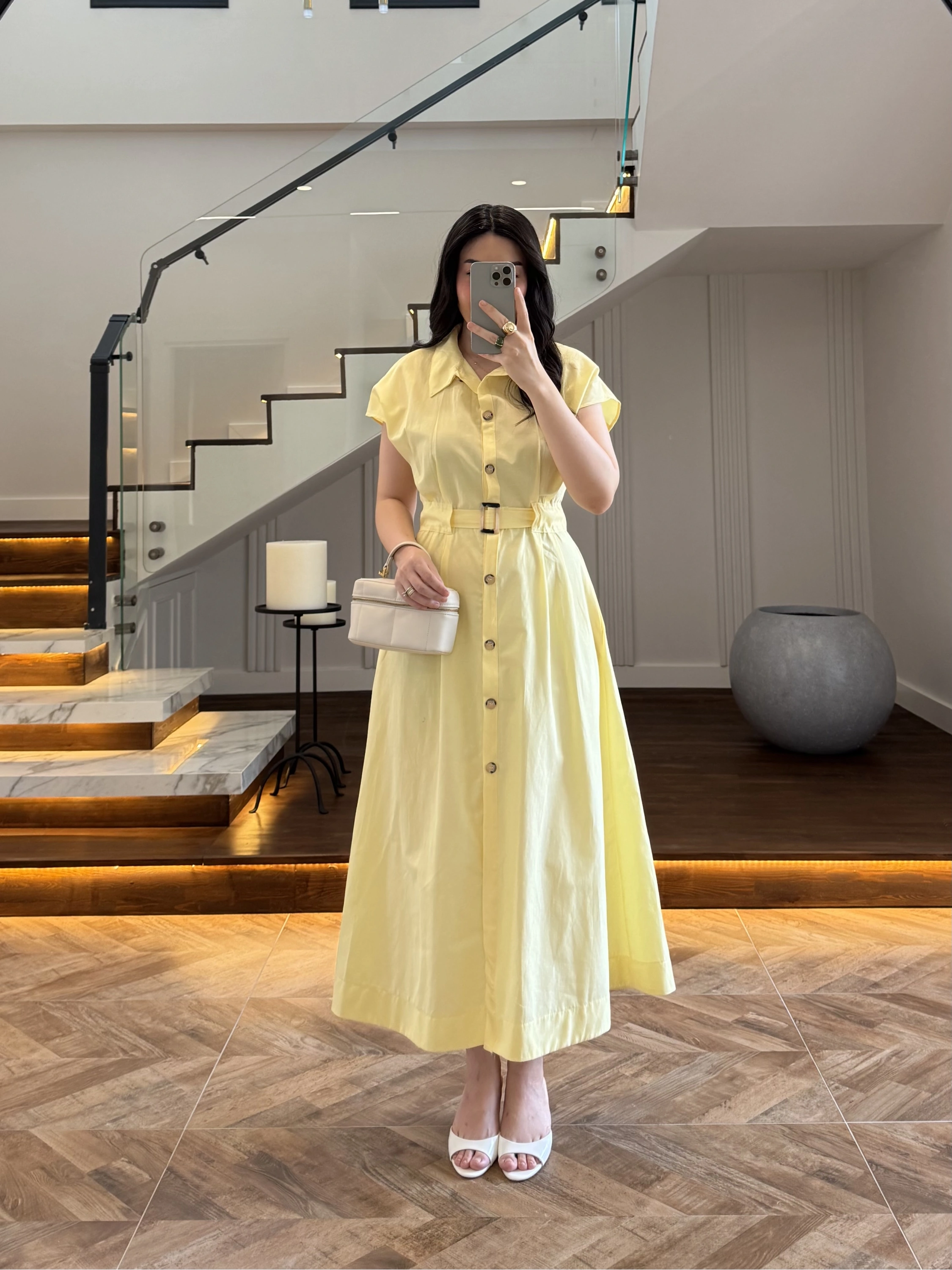 SARI ÖNÜ DÜĞMELİ KEMERLİ ELBİSE -3976