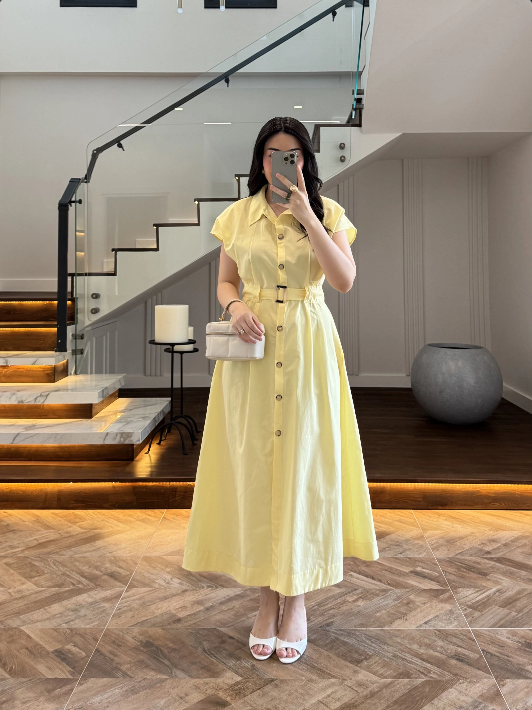 SARI ÖNÜ DÜĞMELİ KEMERLİ ELBİSE -3976