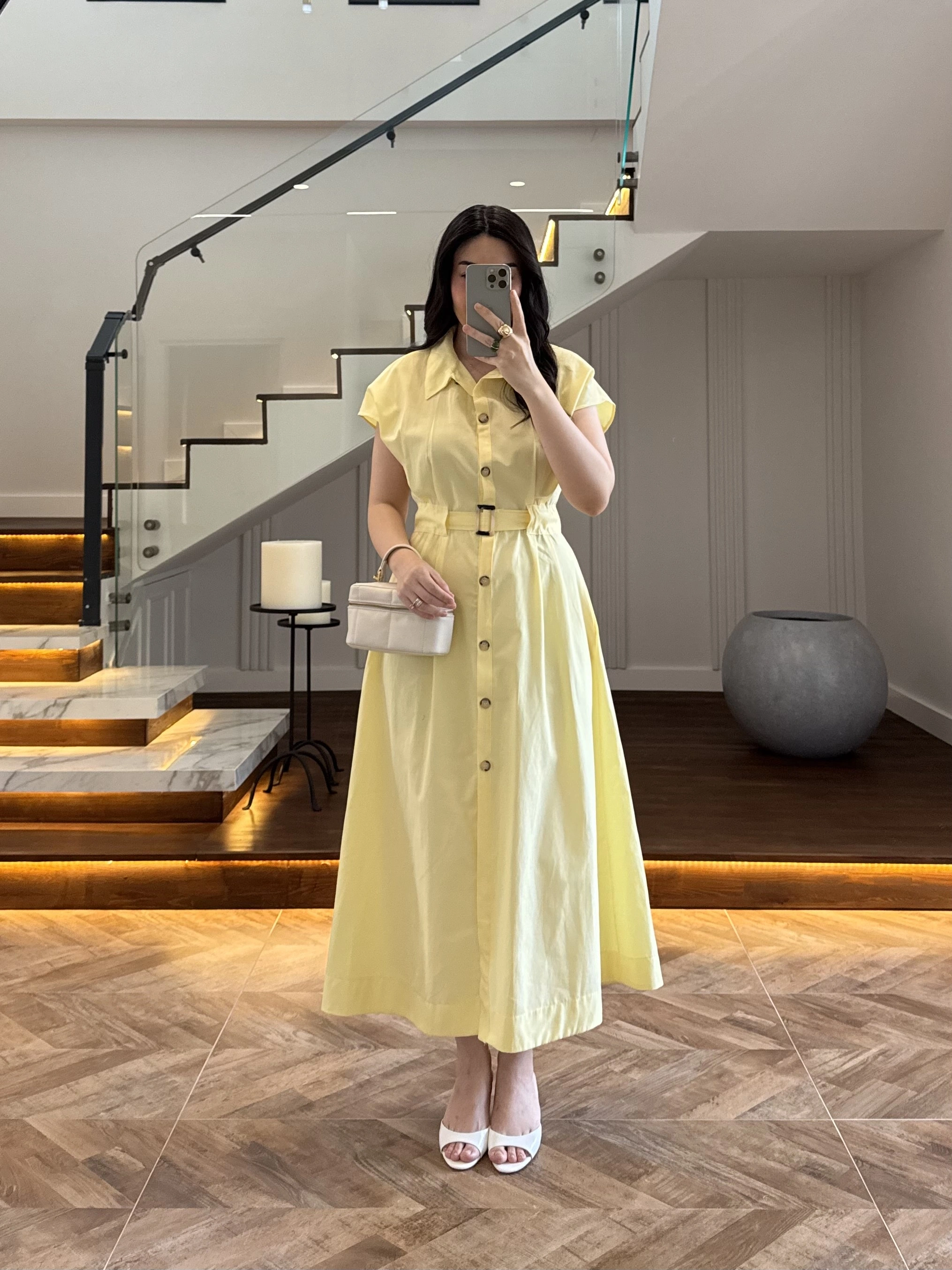 SARI ÖNÜ DÜĞMELİ KEMERLİ ELBİSE -3976