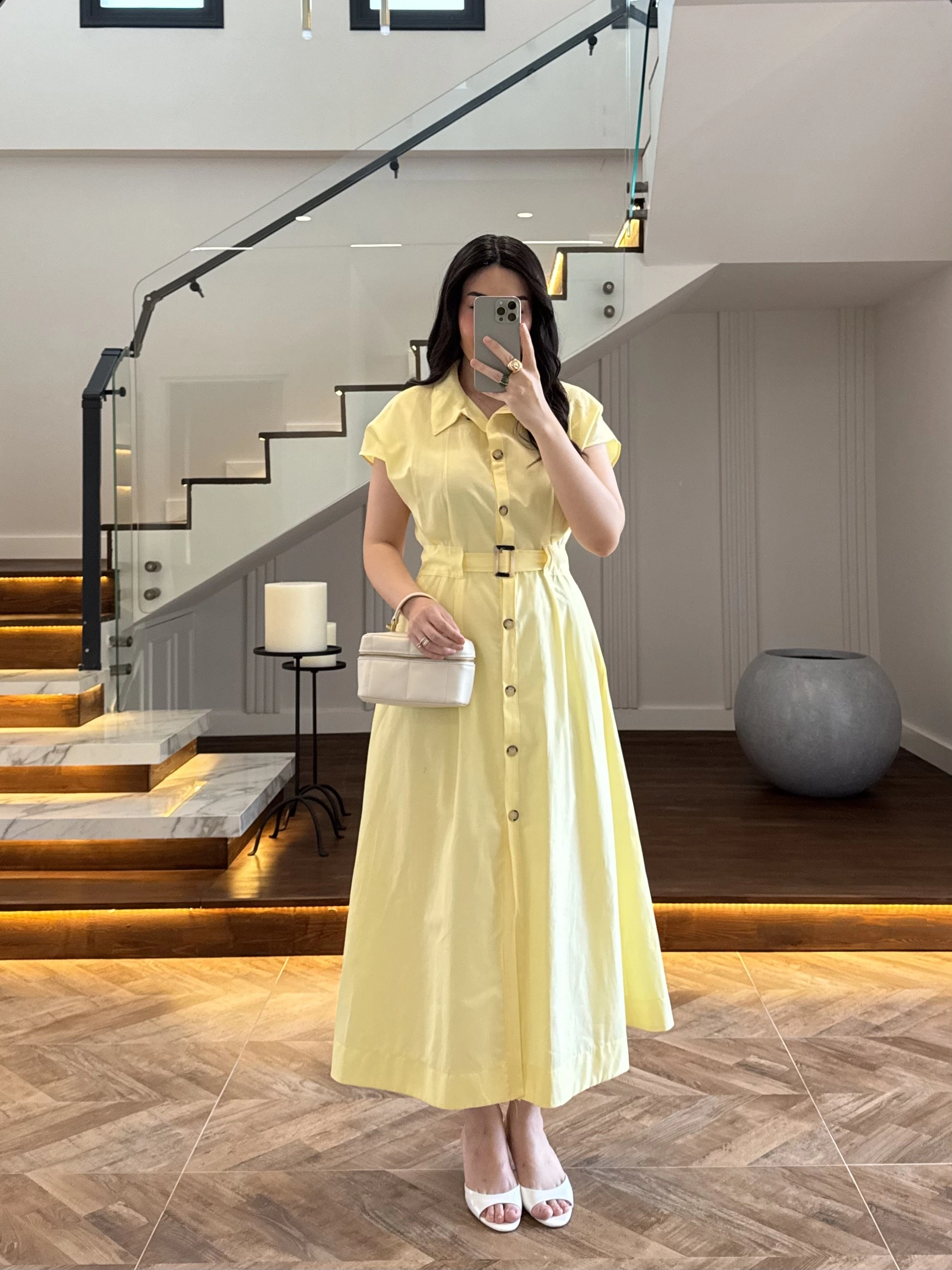 SARI ÖNÜ DÜĞMELİ KEMERLİ ELBİSE -3976