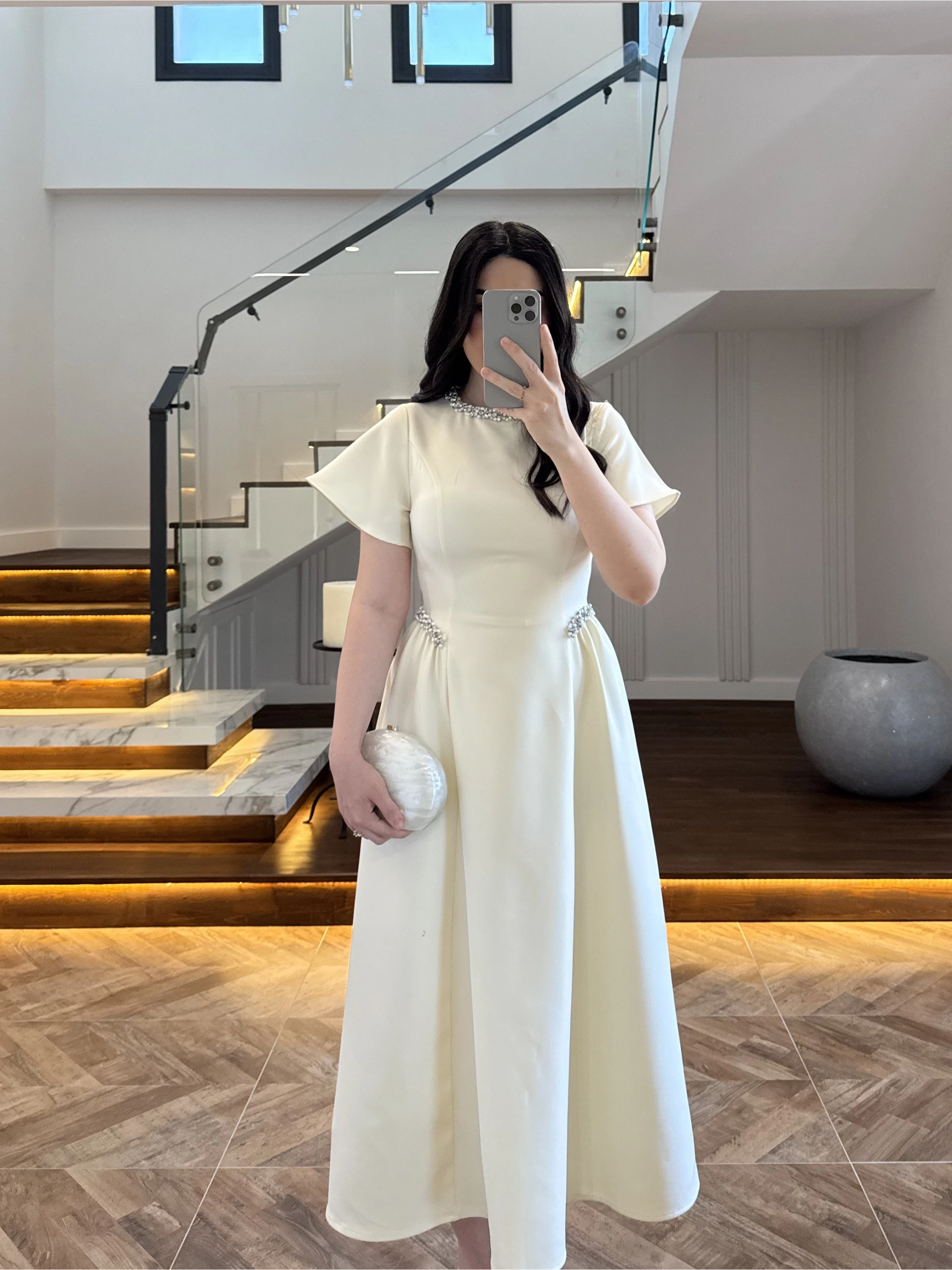 (ÖN SİPARİŞ)SARI TAŞ DETAY ELBİSE -EU3220