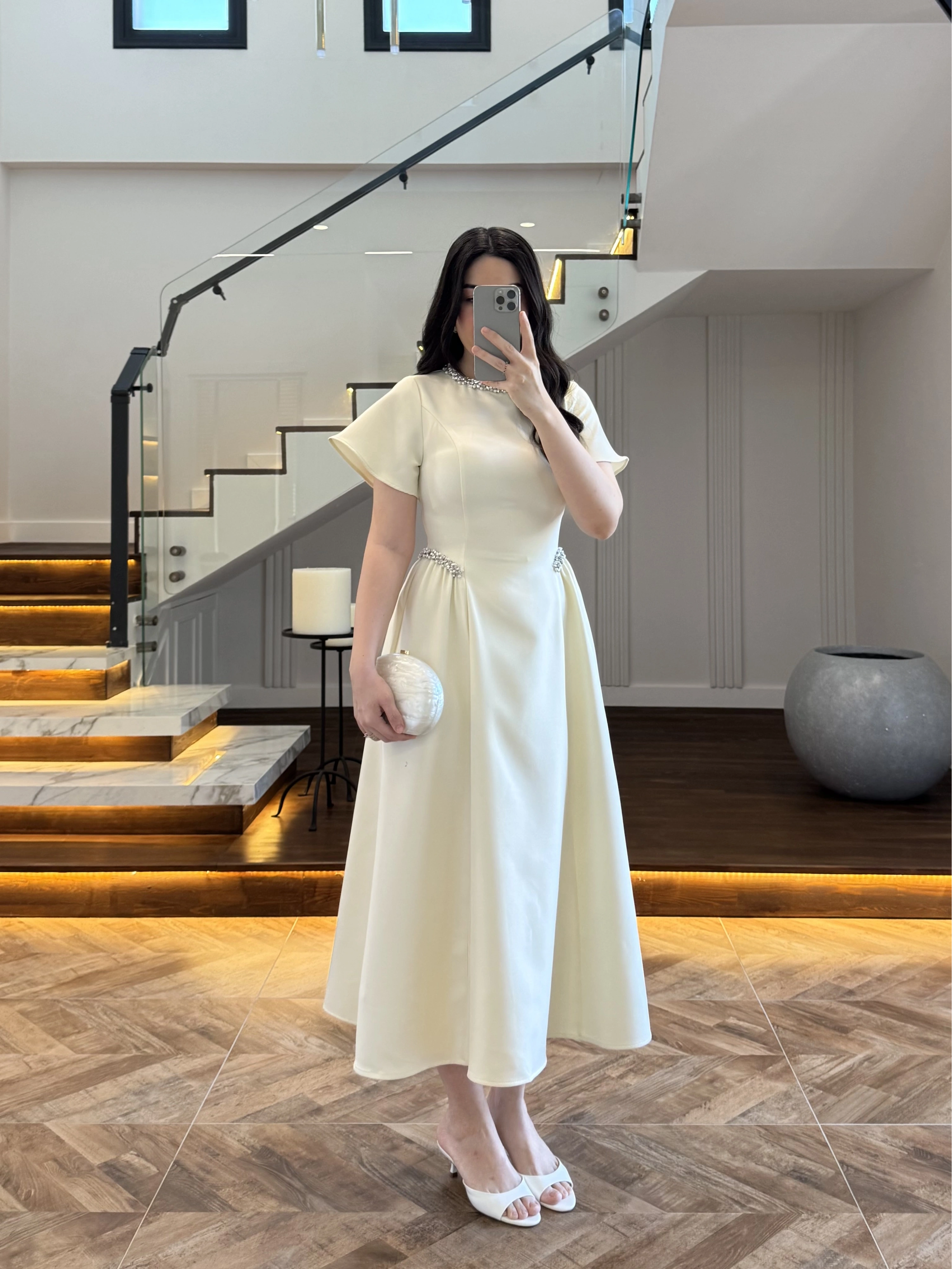 (ÖN SİPARİŞ)SARI TAŞ DETAY ELBİSE -EU3220