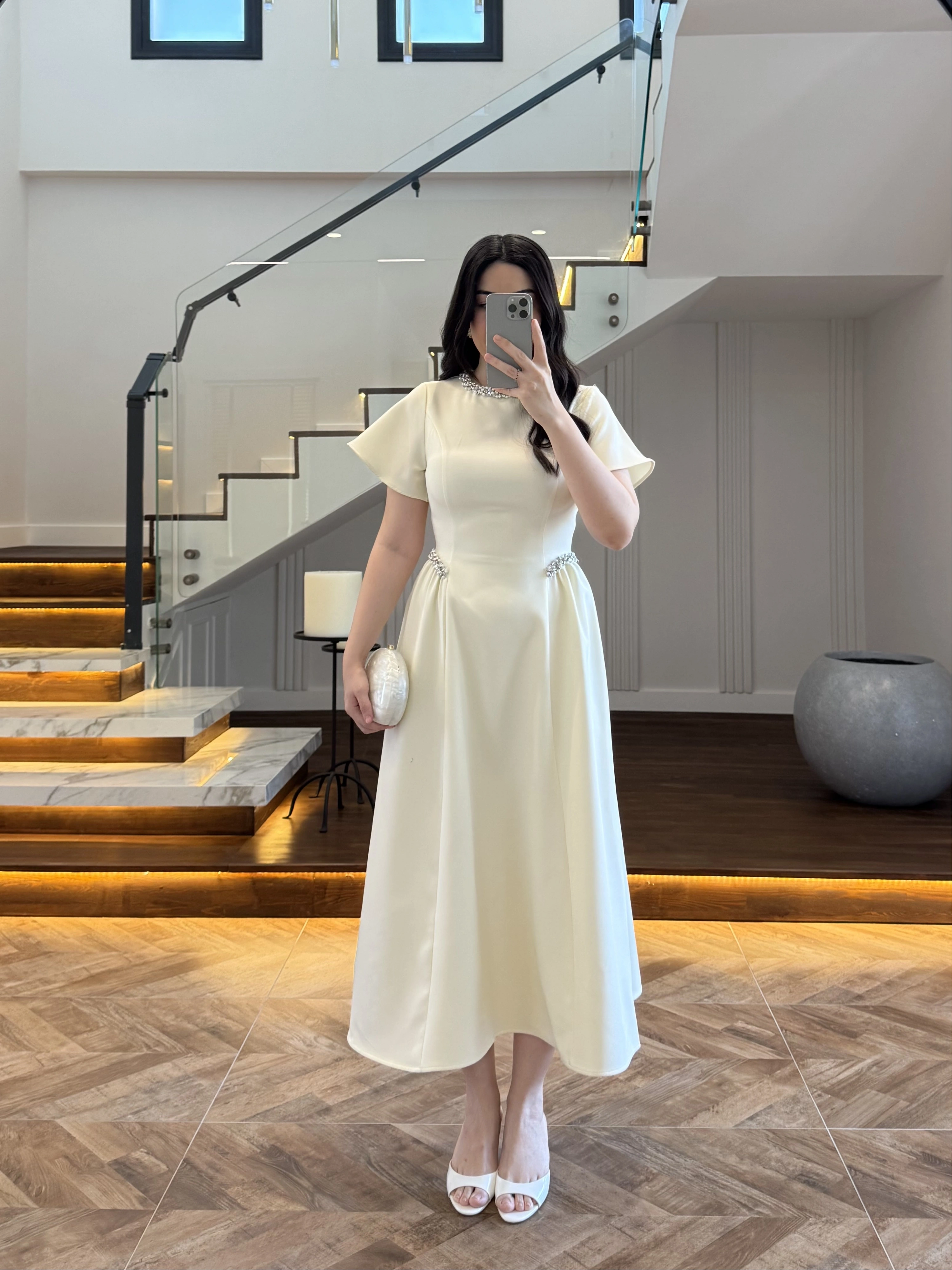 (ÖN SİPARİŞ)SARI TAŞ DETAY ELBİSE -EU3220