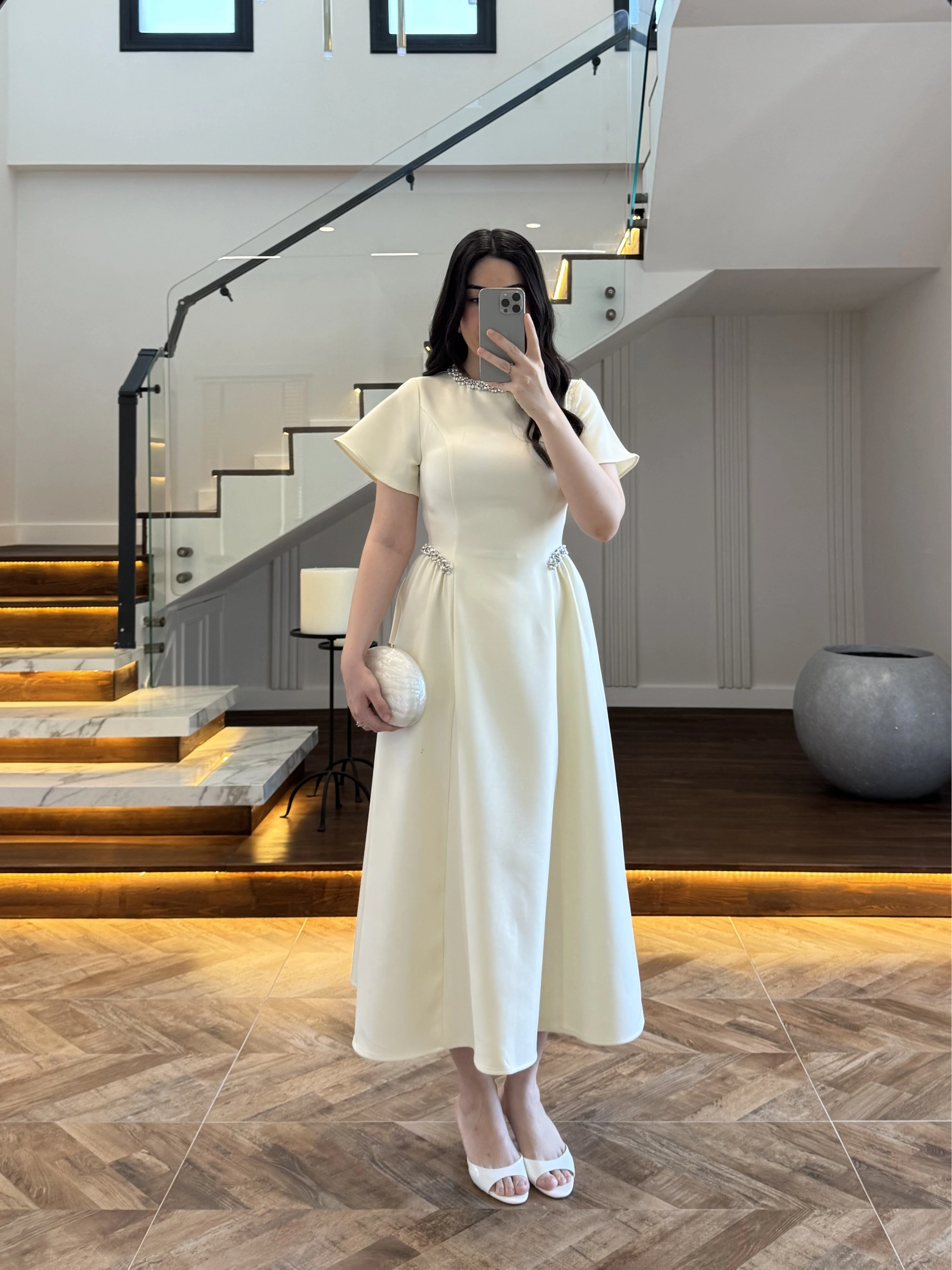 (ÖN SİPARİŞ)SARI TAŞ DETAY ELBİSE -EU3220