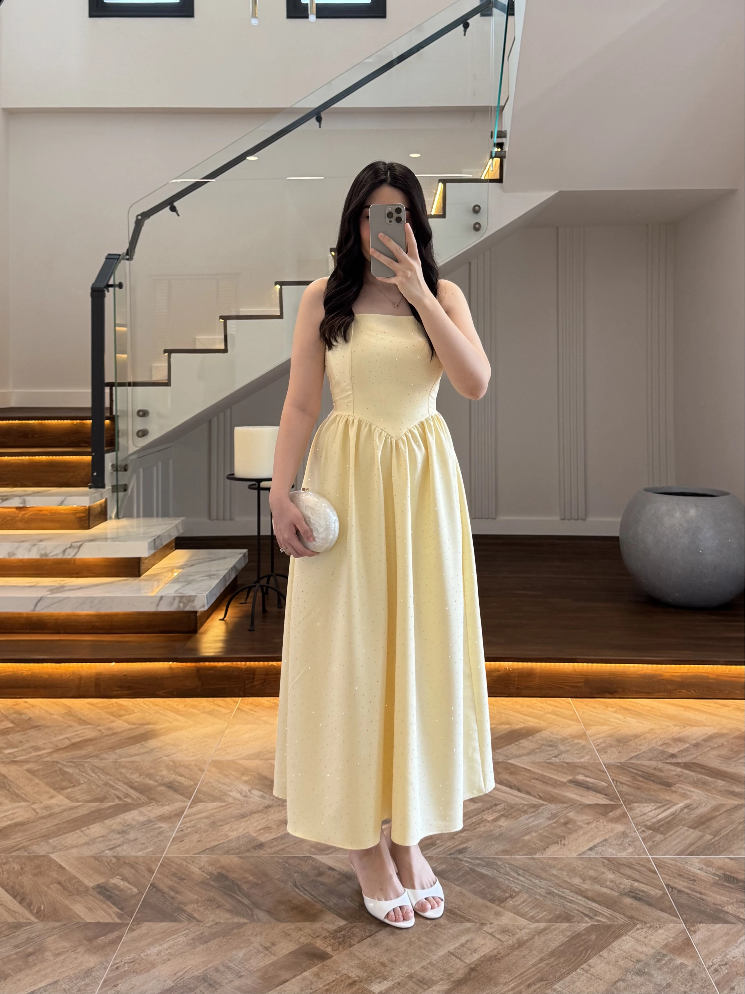 (ÖN SİPARİŞ )SARI TAŞLI KUŞAKLI ELBİSE -3970