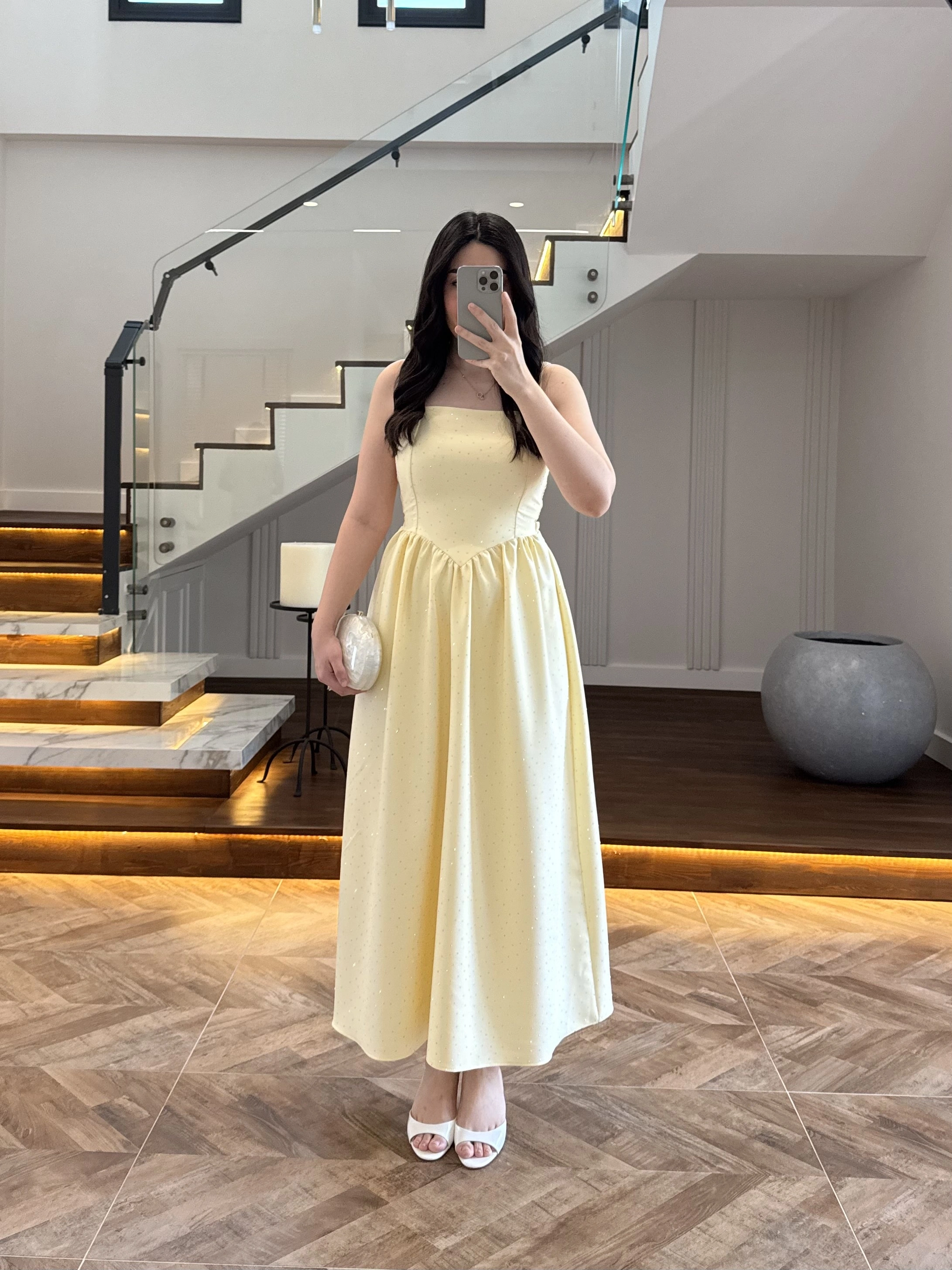 (ÖN SİPARİŞ )SARI TAŞLI KUŞAKLI ELBİSE -3970