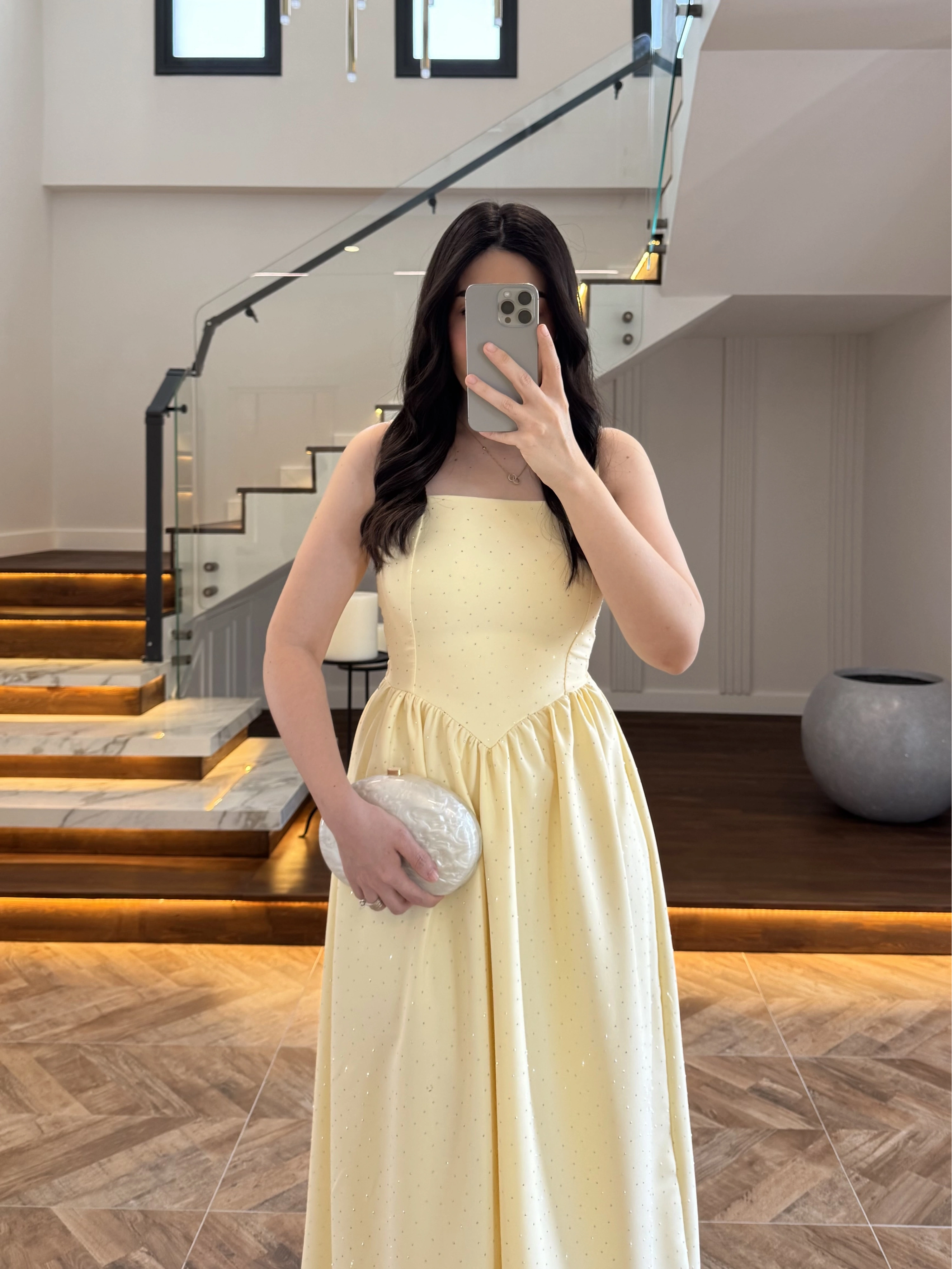 (ÖN SİPARİŞ )SARI TAŞLI KUŞAKLI ELBİSE -3970