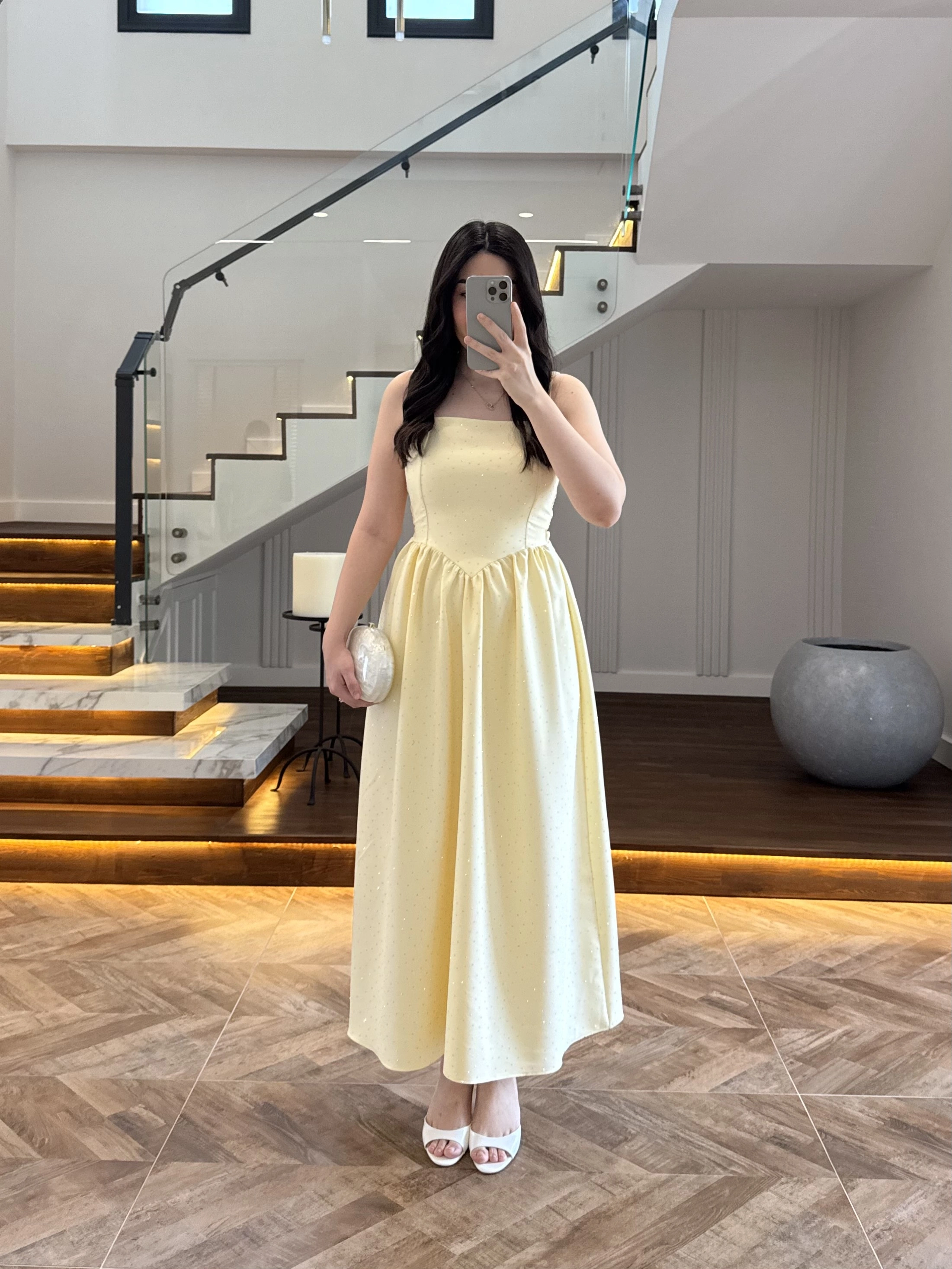 (ÖN SİPARİŞ )SARI TAŞLI KUŞAKLI ELBİSE -3970