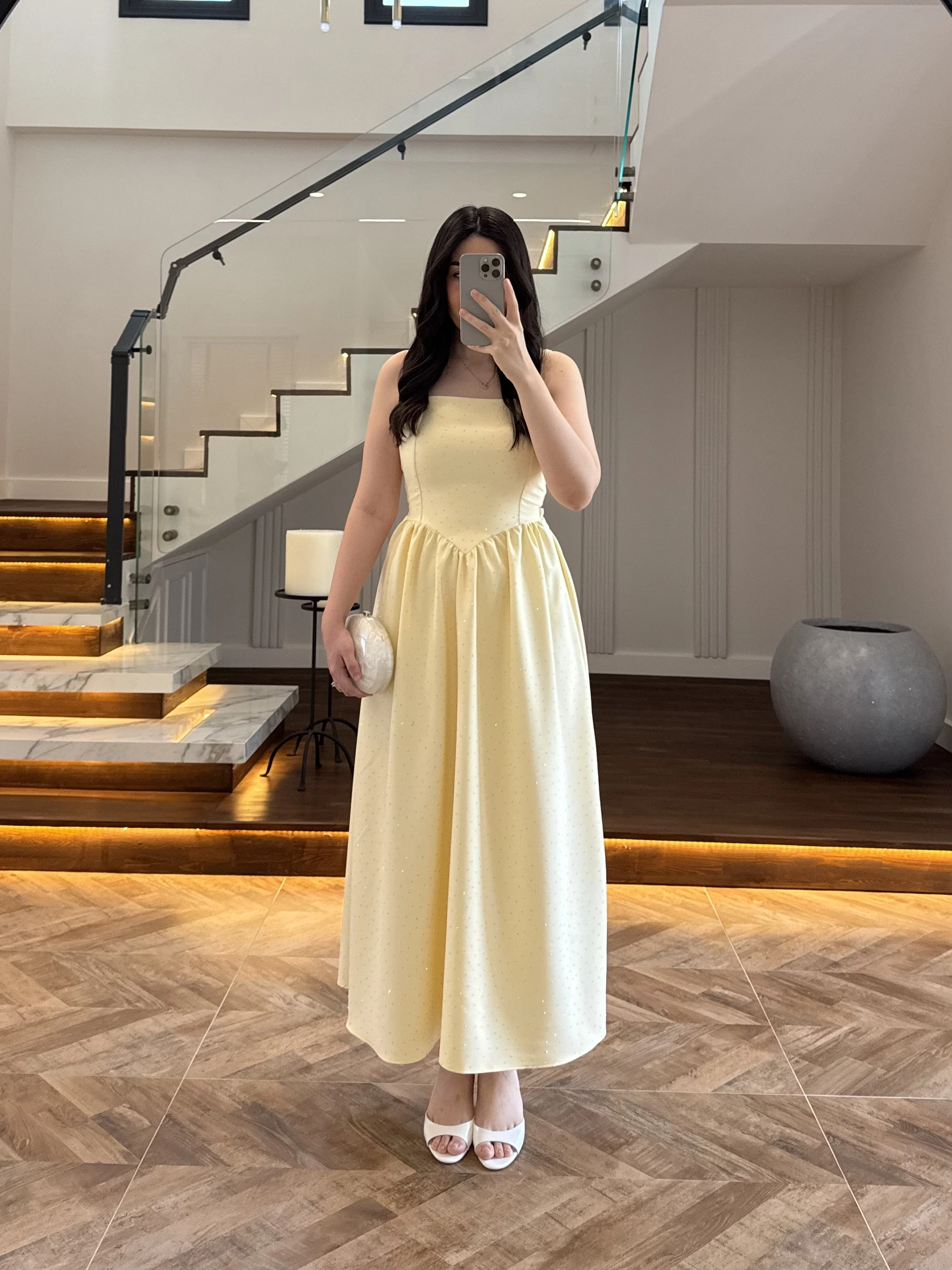 (ÖN SİPARİŞ )SARI TAŞLI KUŞAKLI ELBİSE -3970