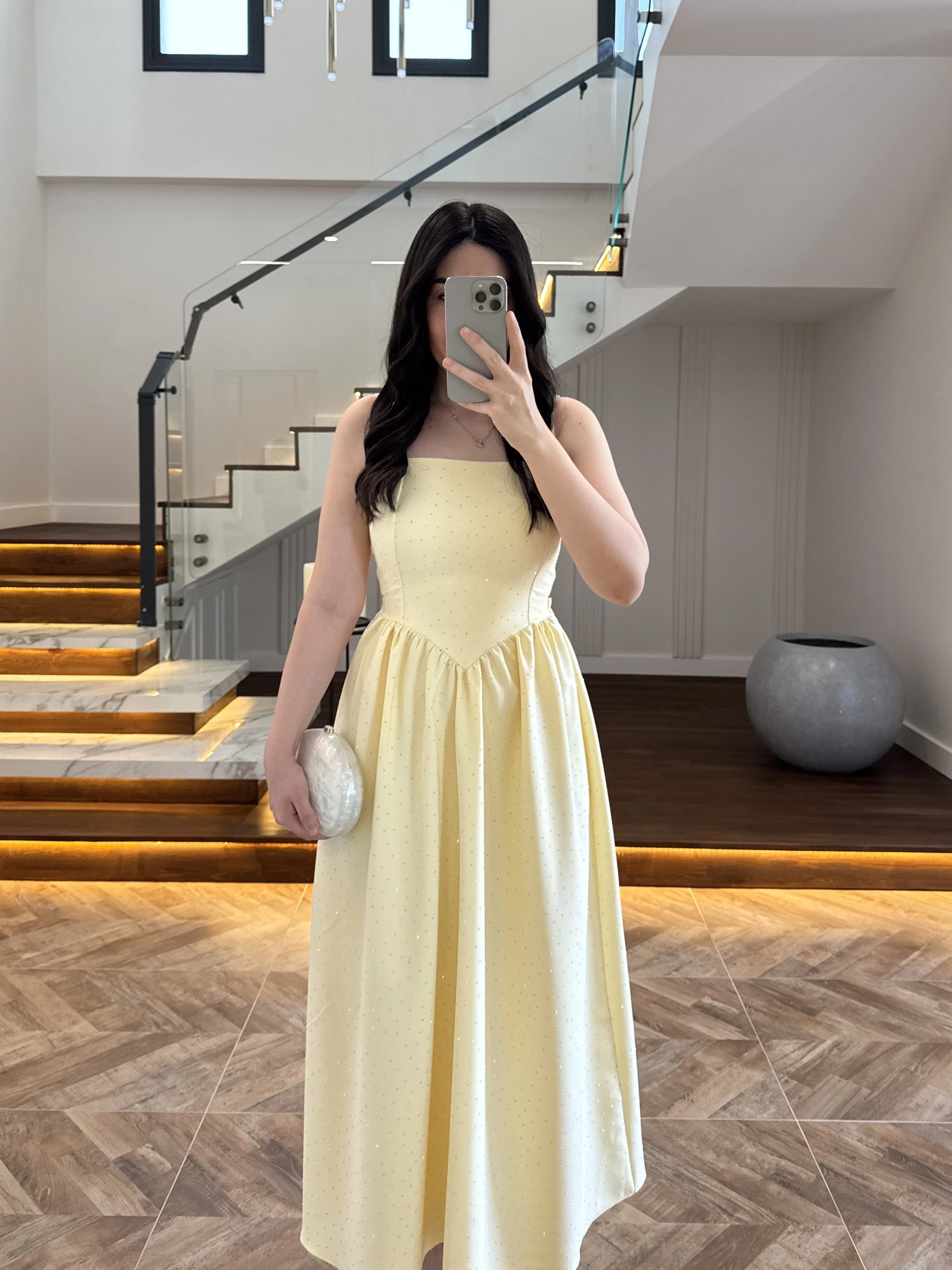 (ÖN SİPARİŞ )SARI TAŞLI KUŞAKLI ELBİSE -3970
