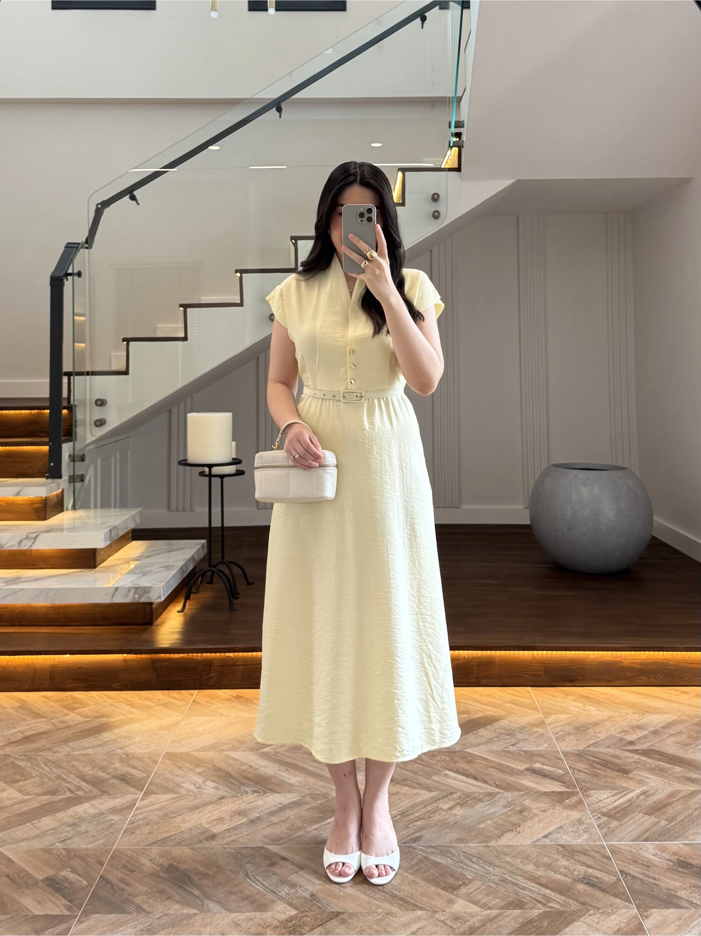 SARI TENSEL CEPLİ KEMERLİ ELBİSE -3440