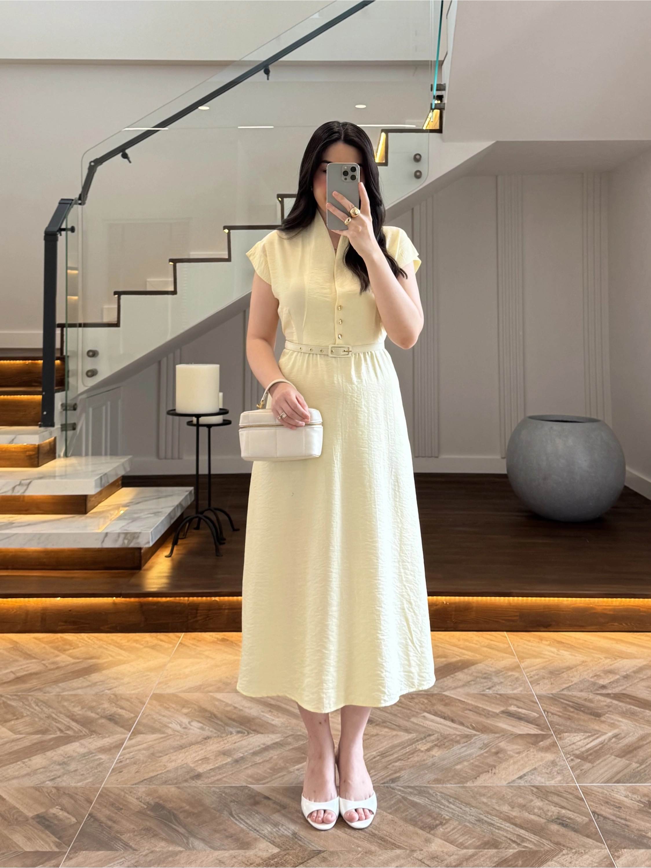 SARI TENSEL CEPLİ KEMERLİ ELBİSE -3440