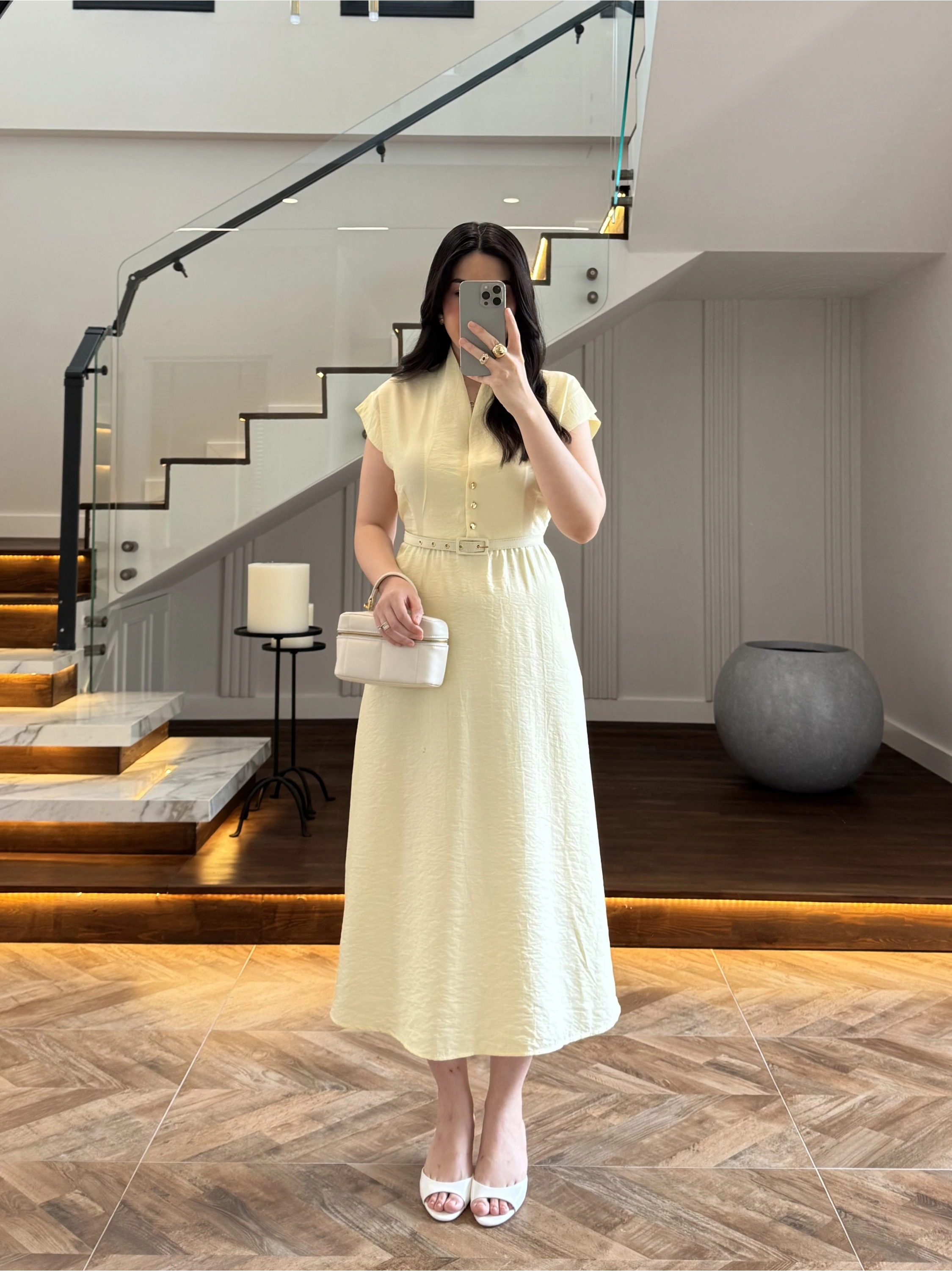 SARI TENSEL CEPLİ KEMERLİ ELBİSE -3440