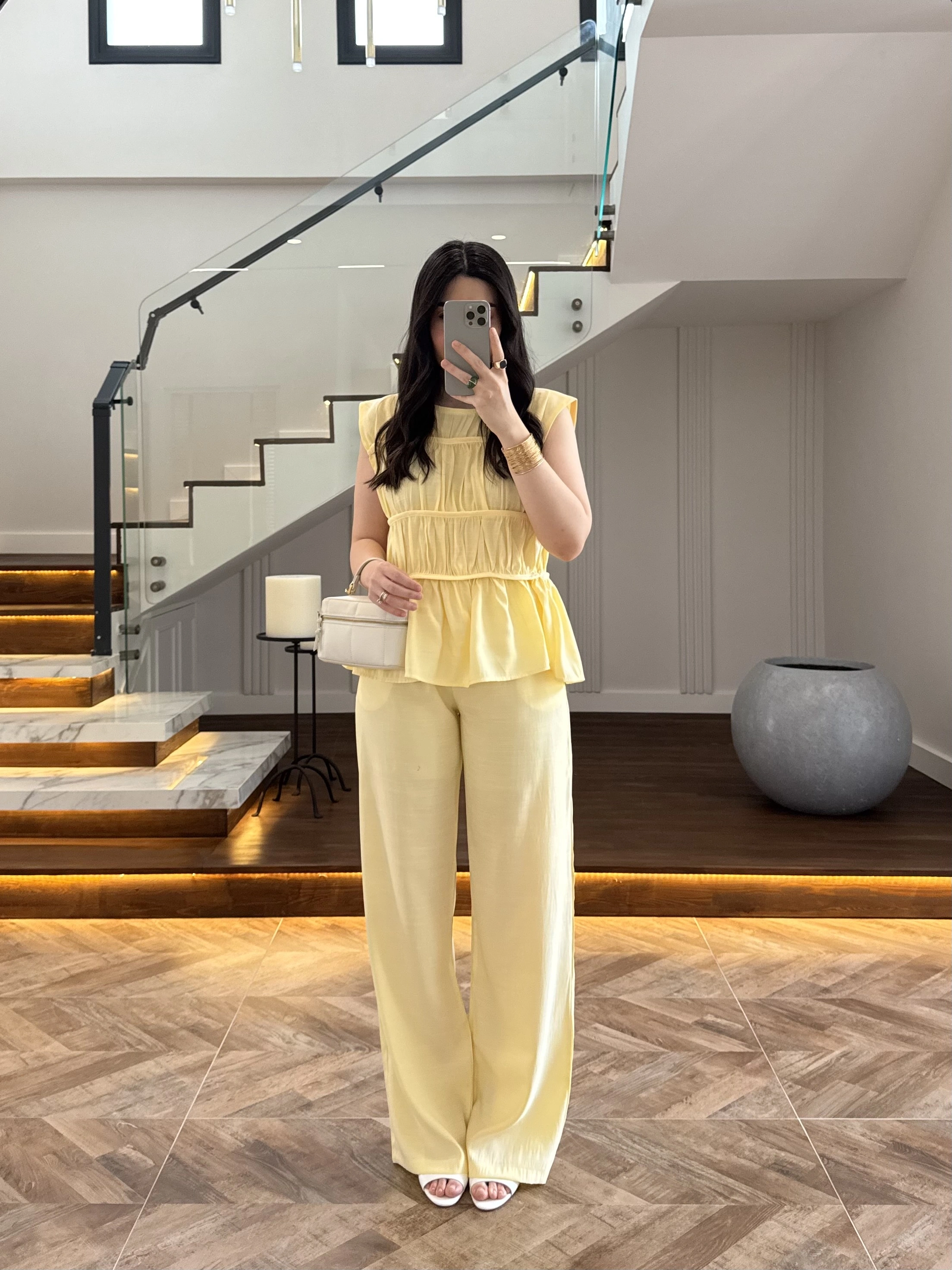 SARI TENSEL NEVÜRLÜ BLUZ PANTOLON TAKIM-250483