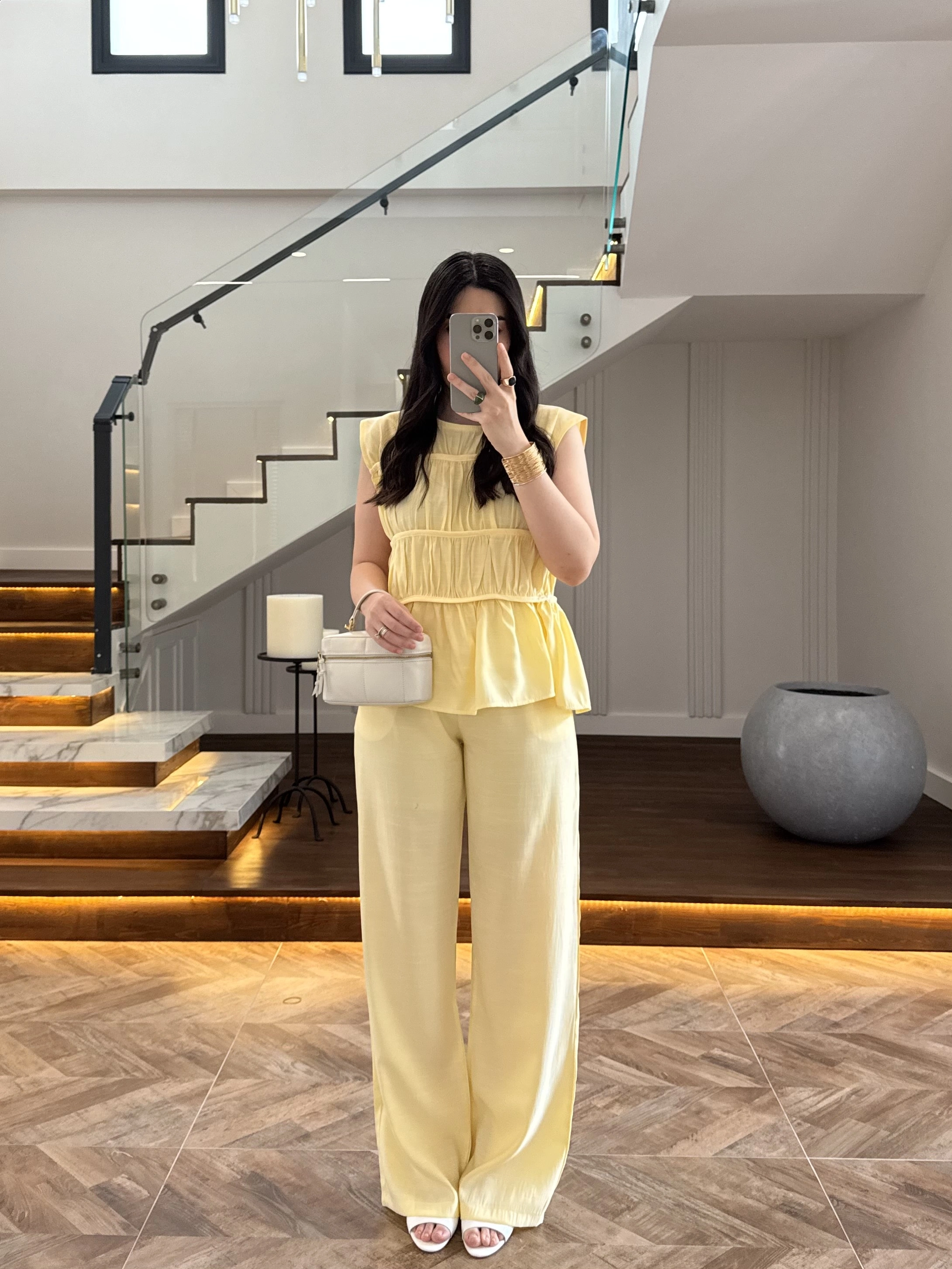 SARI TENSEL NEVÜRLÜ BLUZ PANTOLON TAKIM-250483
