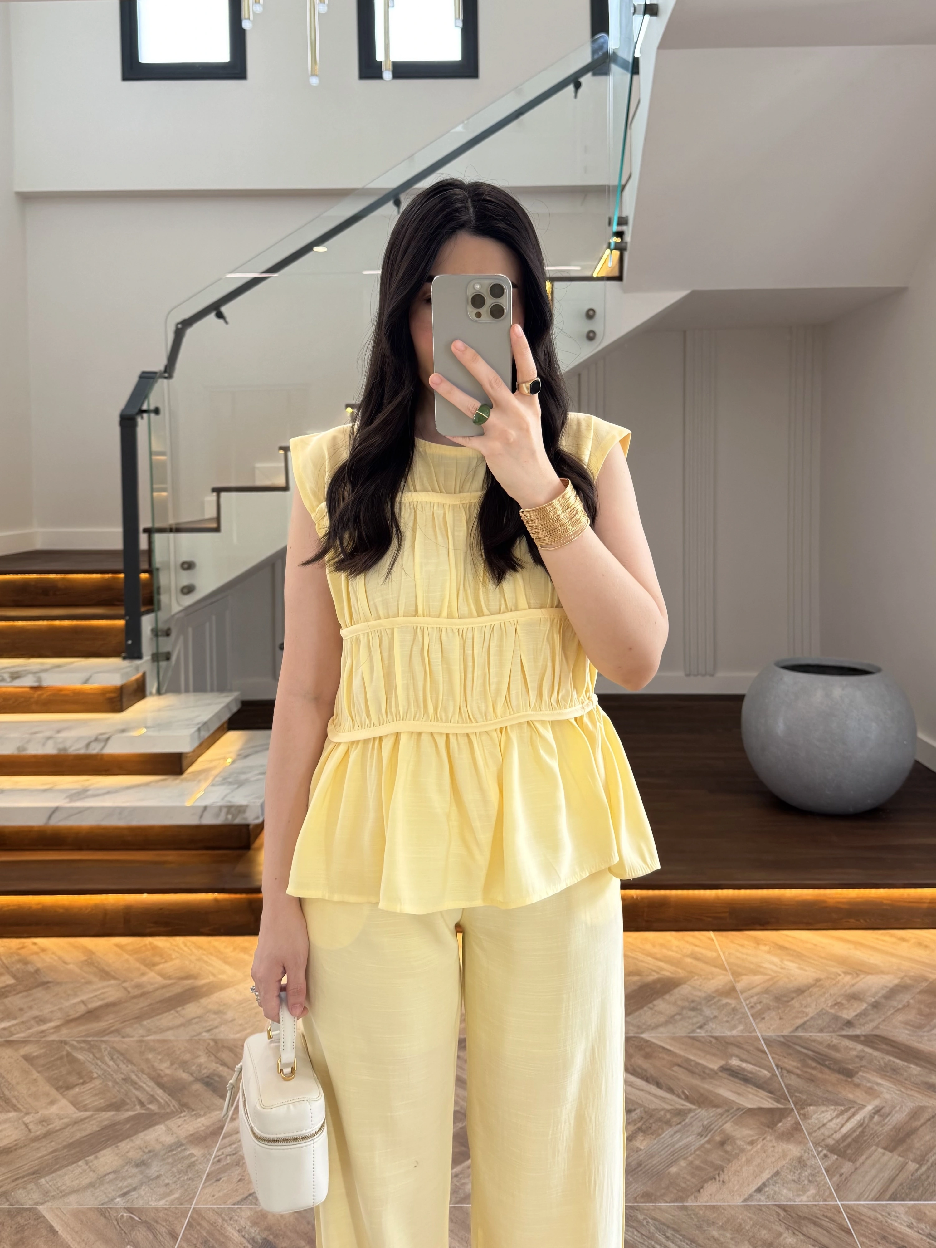 SARI TENSEL NEVÜRLÜ BLUZ PANTOLON TAKIM-250483