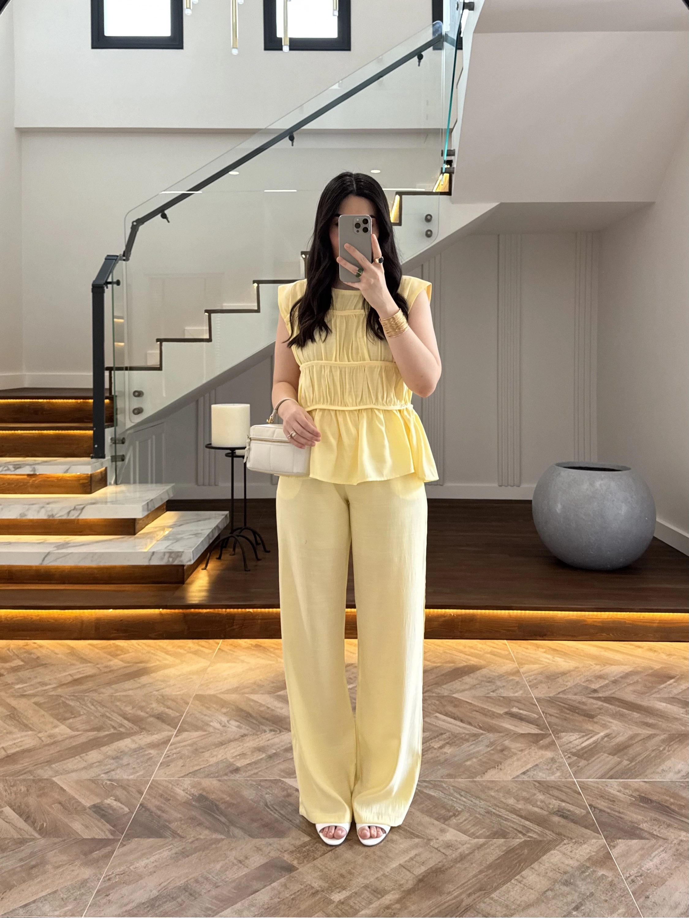 SARI TENSEL NEVÜRLÜ BLUZ PANTOLON TAKIM-250483