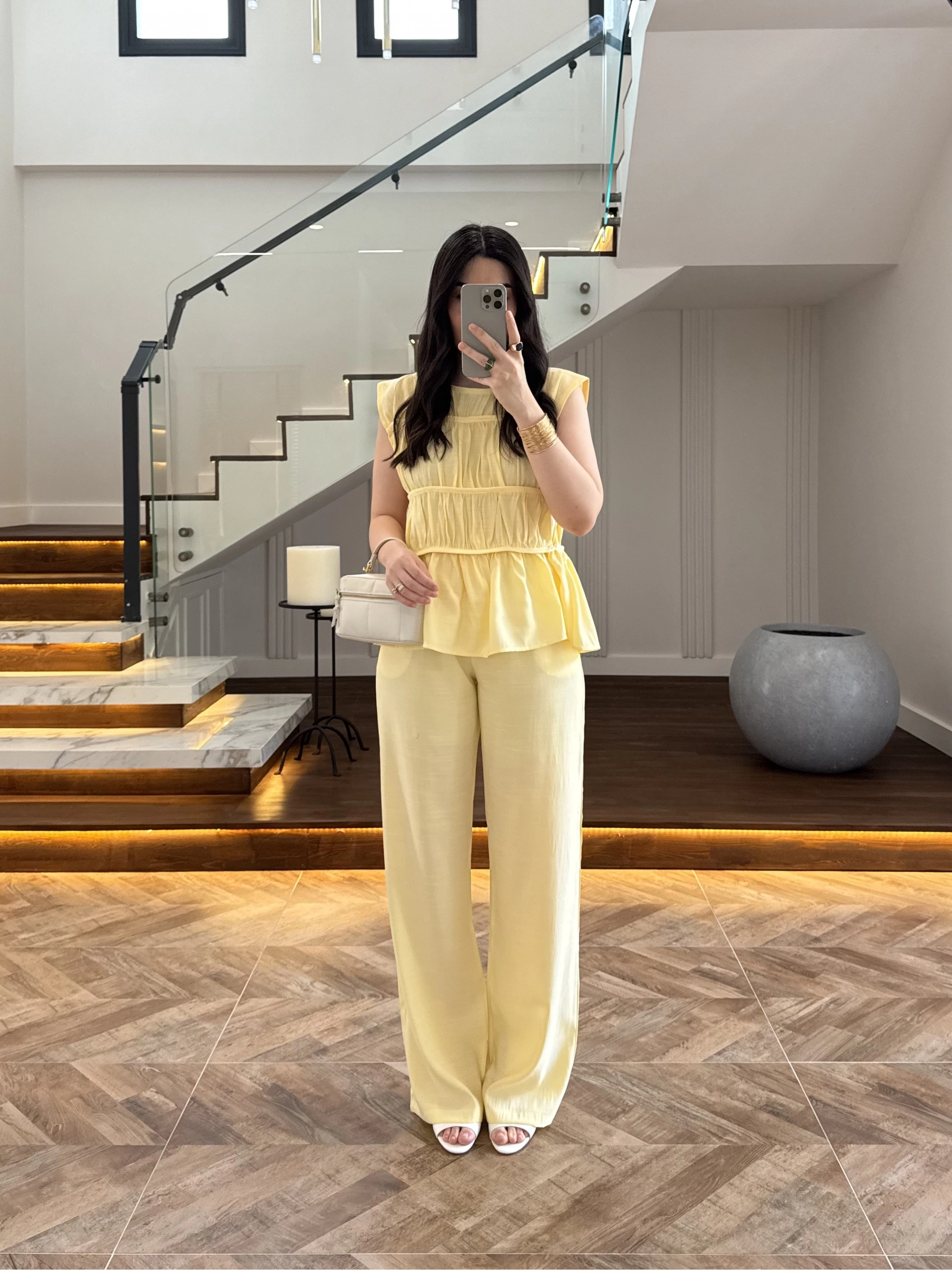 SARI TENSEL NEVÜRLÜ BLUZ PANTOLON TAKIM-250483