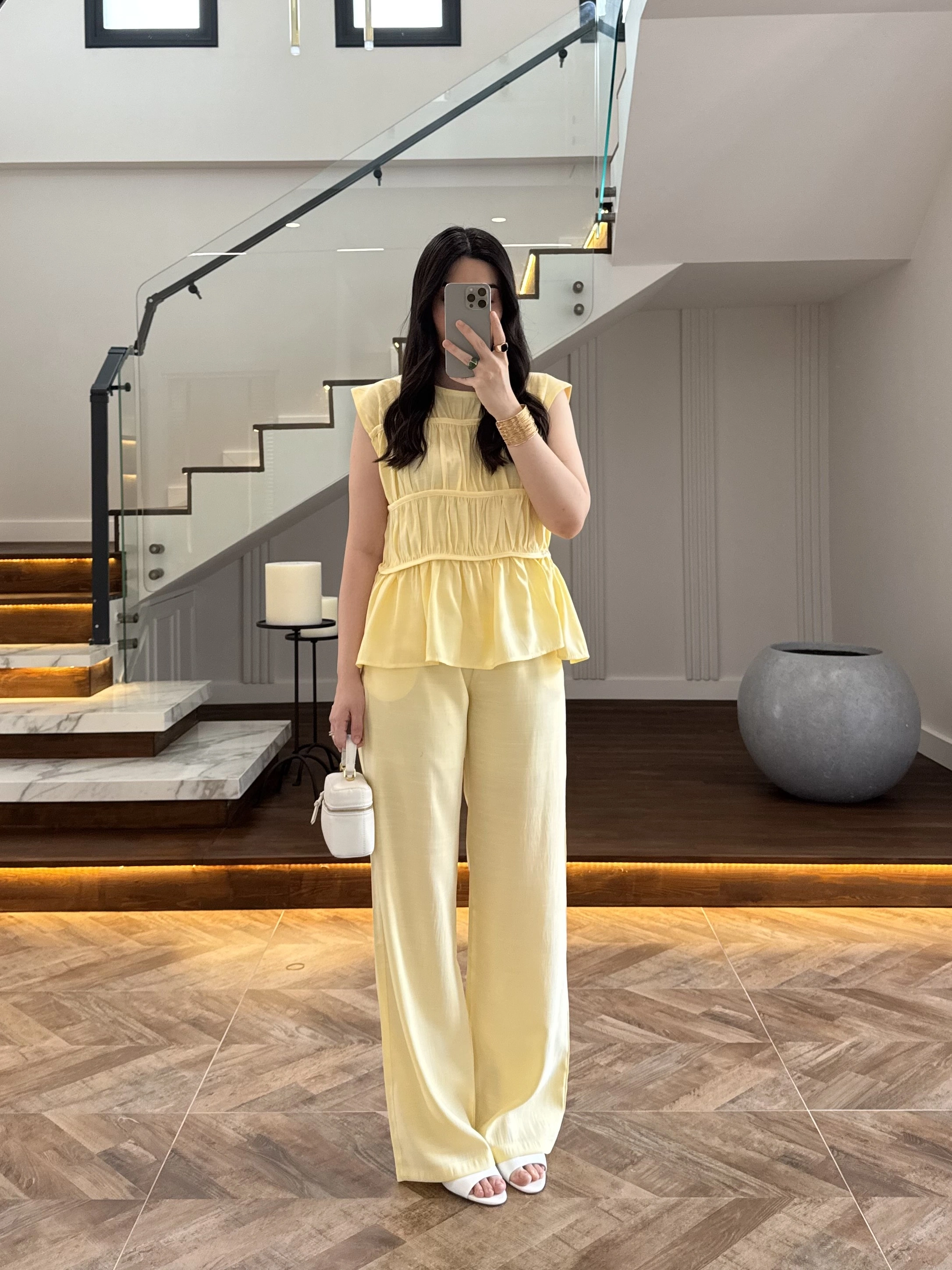 SARI TENSEL NEVÜRLÜ BLUZ PANTOLON TAKIM-250483