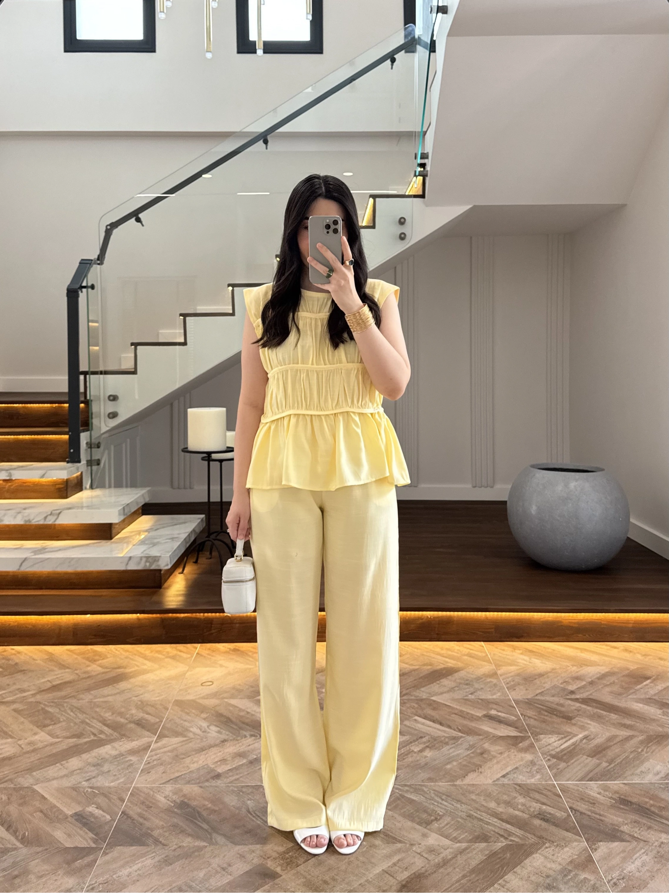 SARI TENSEL NEVÜRLÜ BLUZ PANTOLON TAKIM-250483