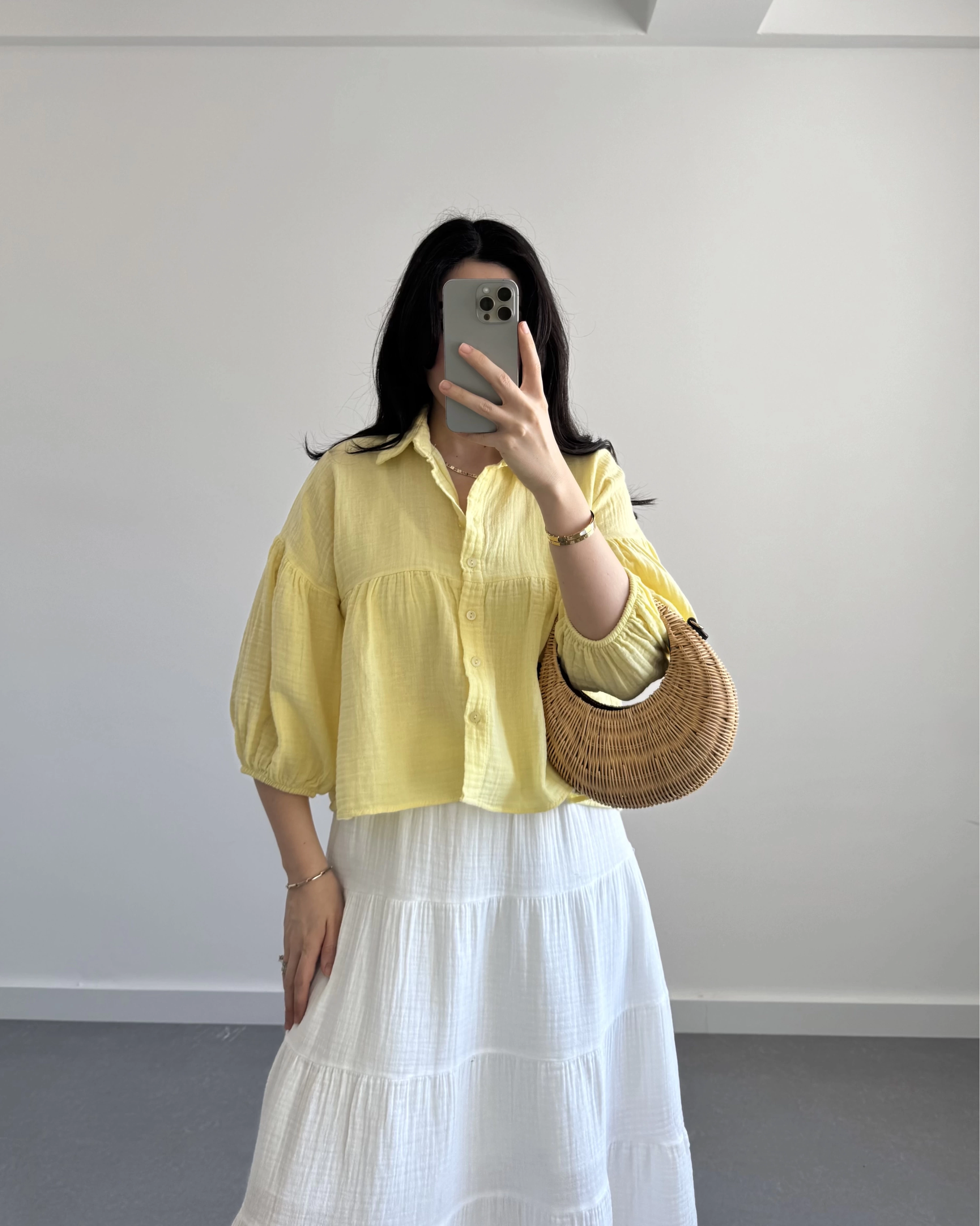 SHAY MÜSLİN SARI CROP GÖMLEK