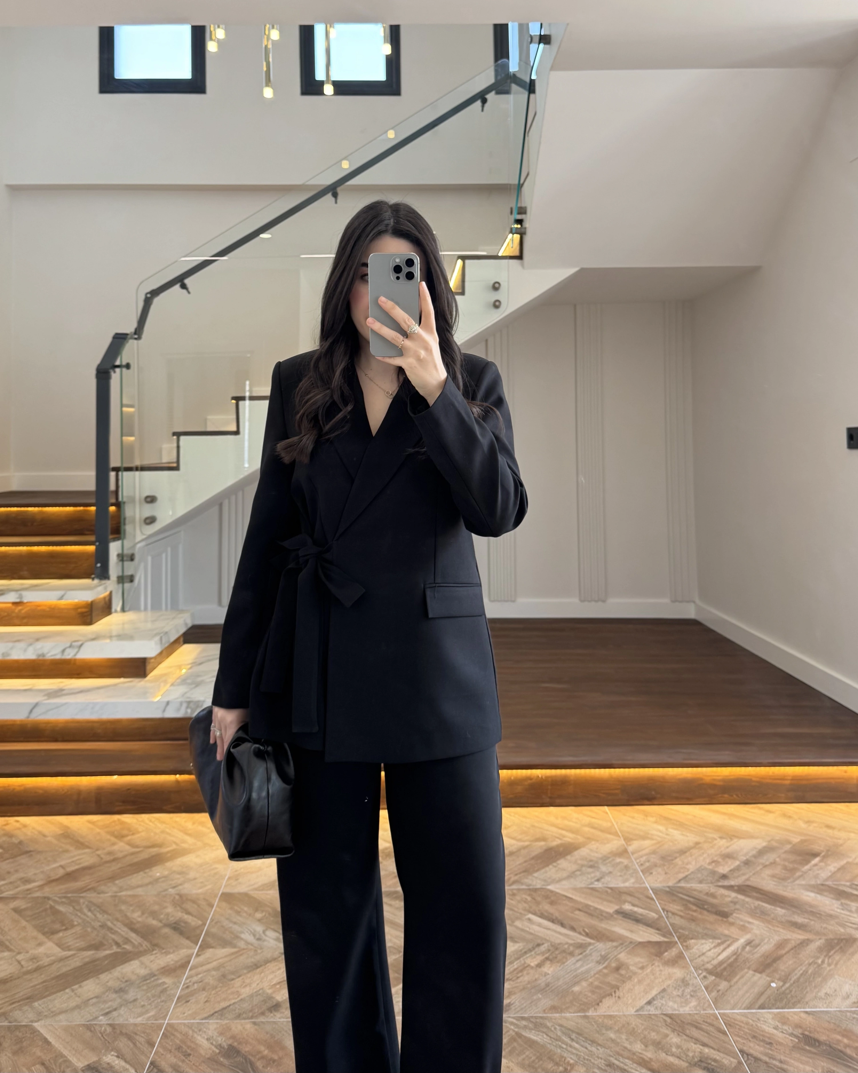 SİYAH BAĞLAMA DETAYLI BLAZER CEKET -7657