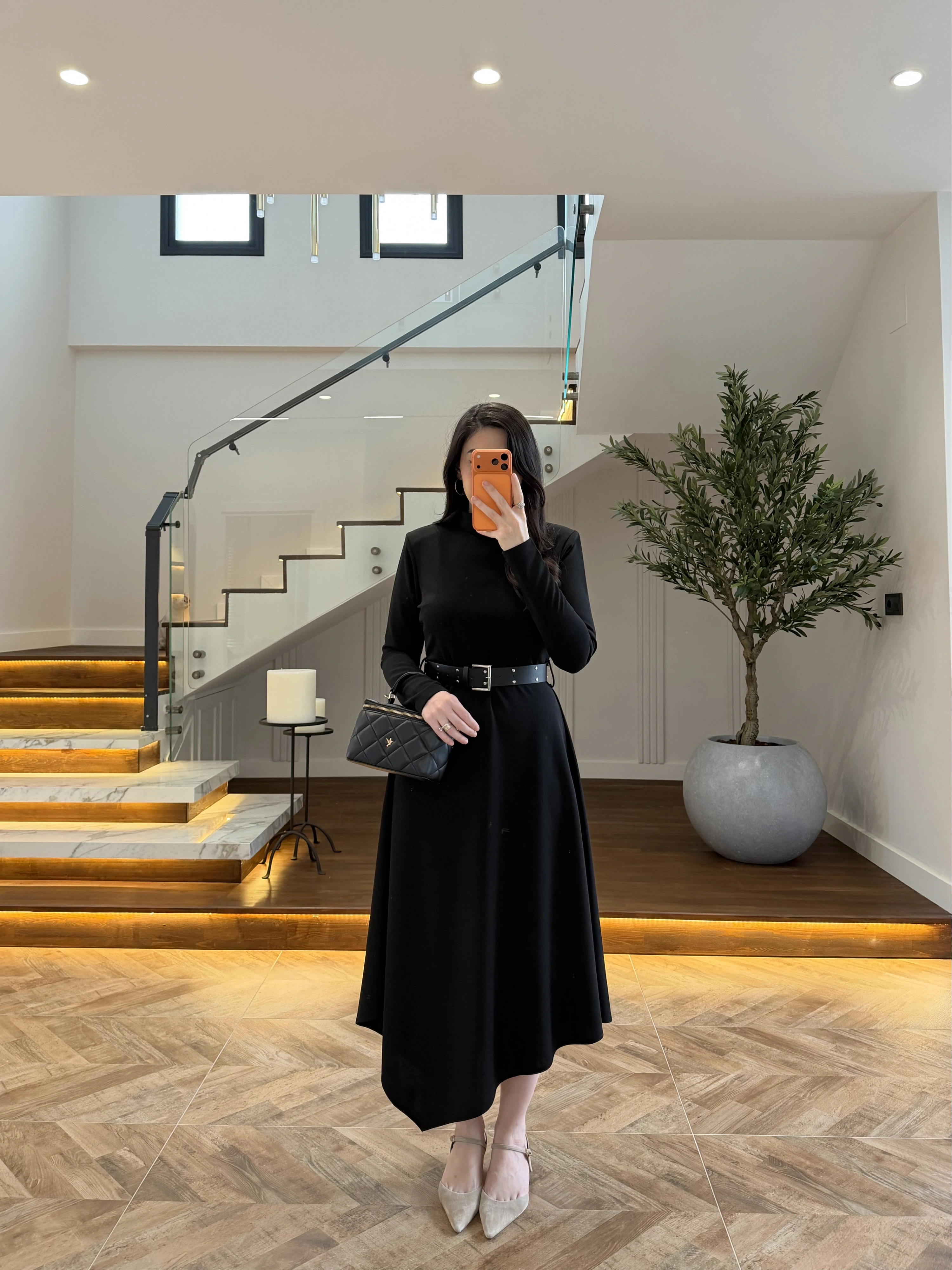 SİYAH KEMERLİ MİDİ ELBİSE-4228