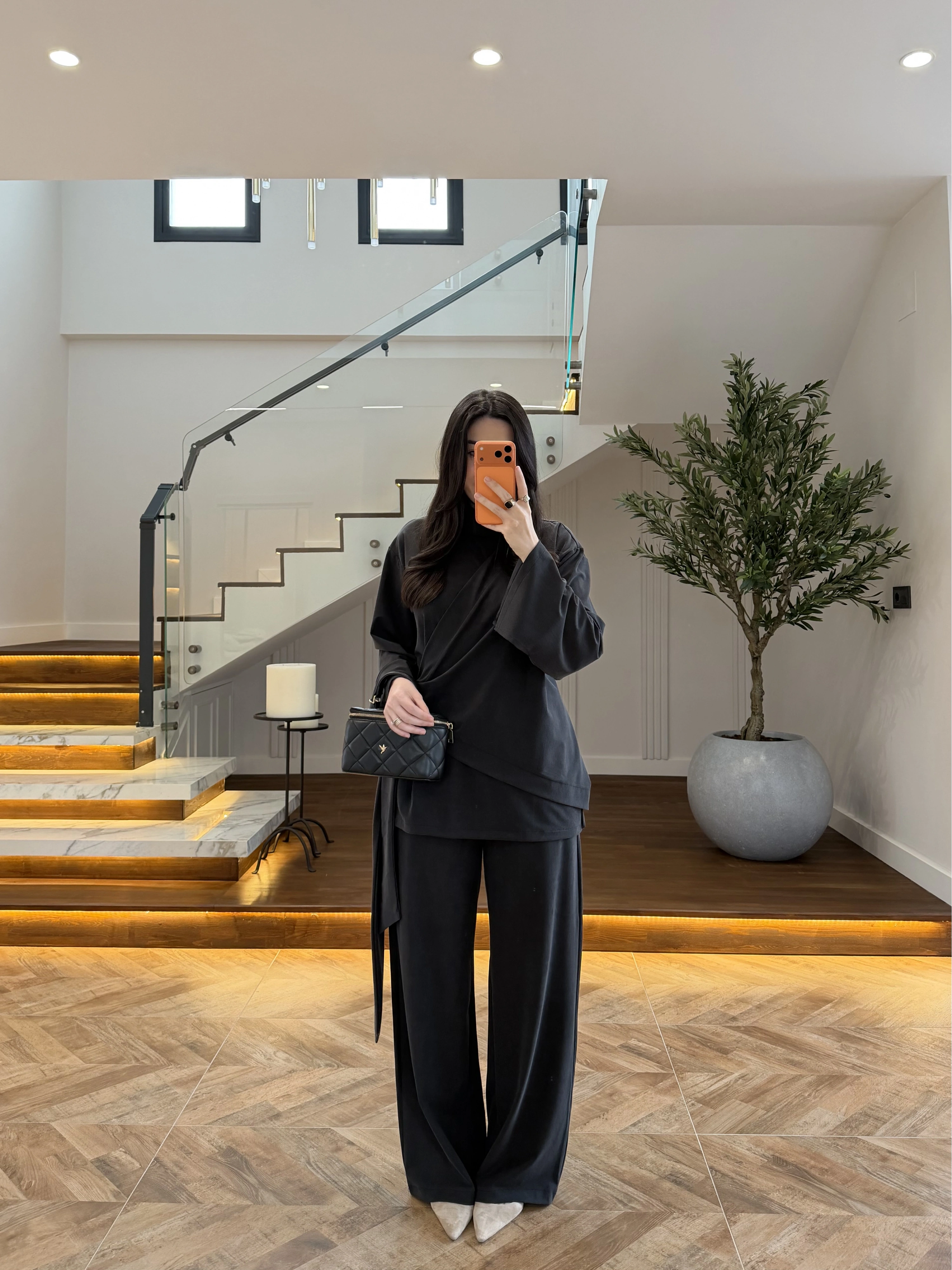 SİYAH PARÇALI TASARIM BLUZ PANT TAKIM-9257