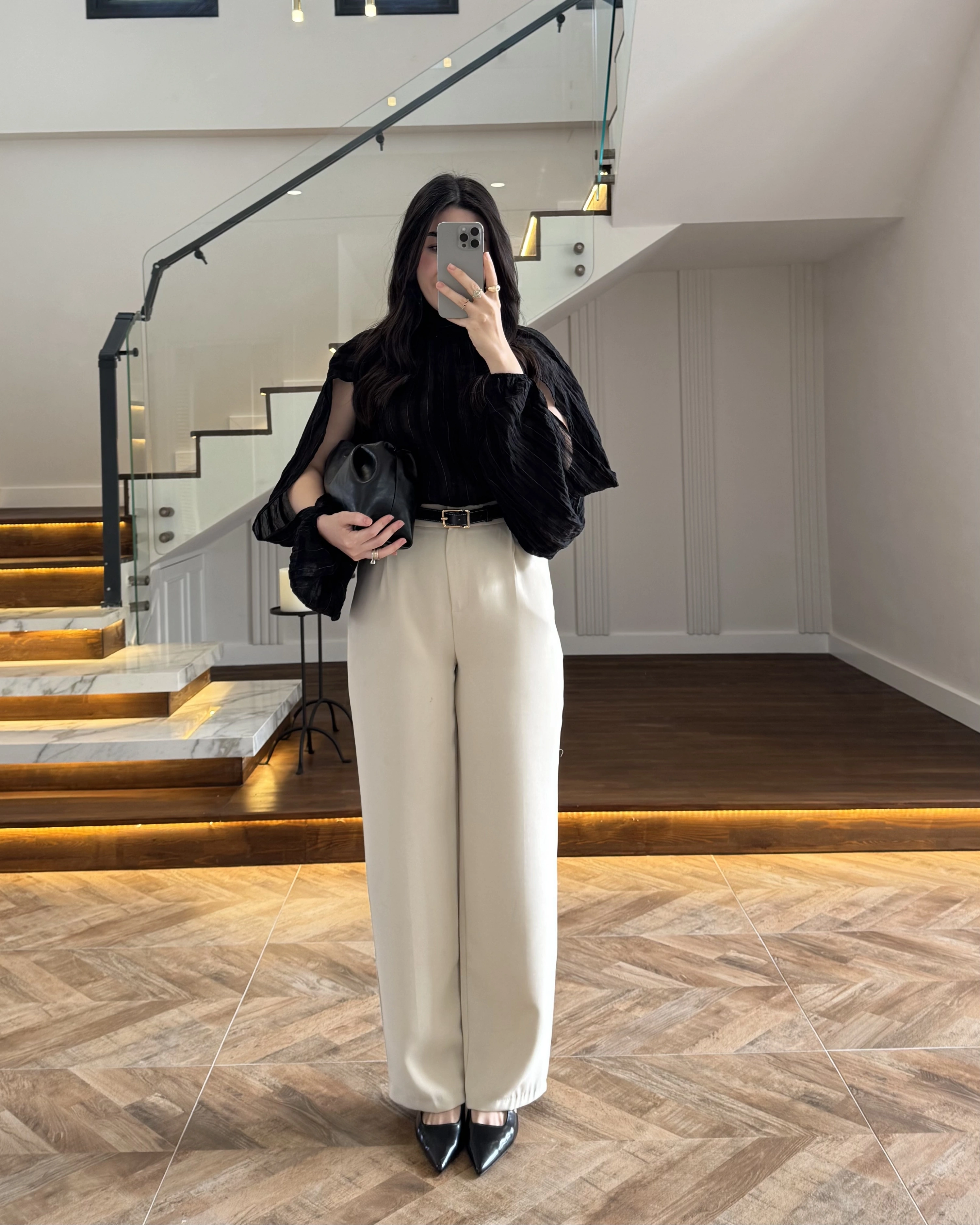 SİYAH TASARIM BALON KOL BLUZ -5415