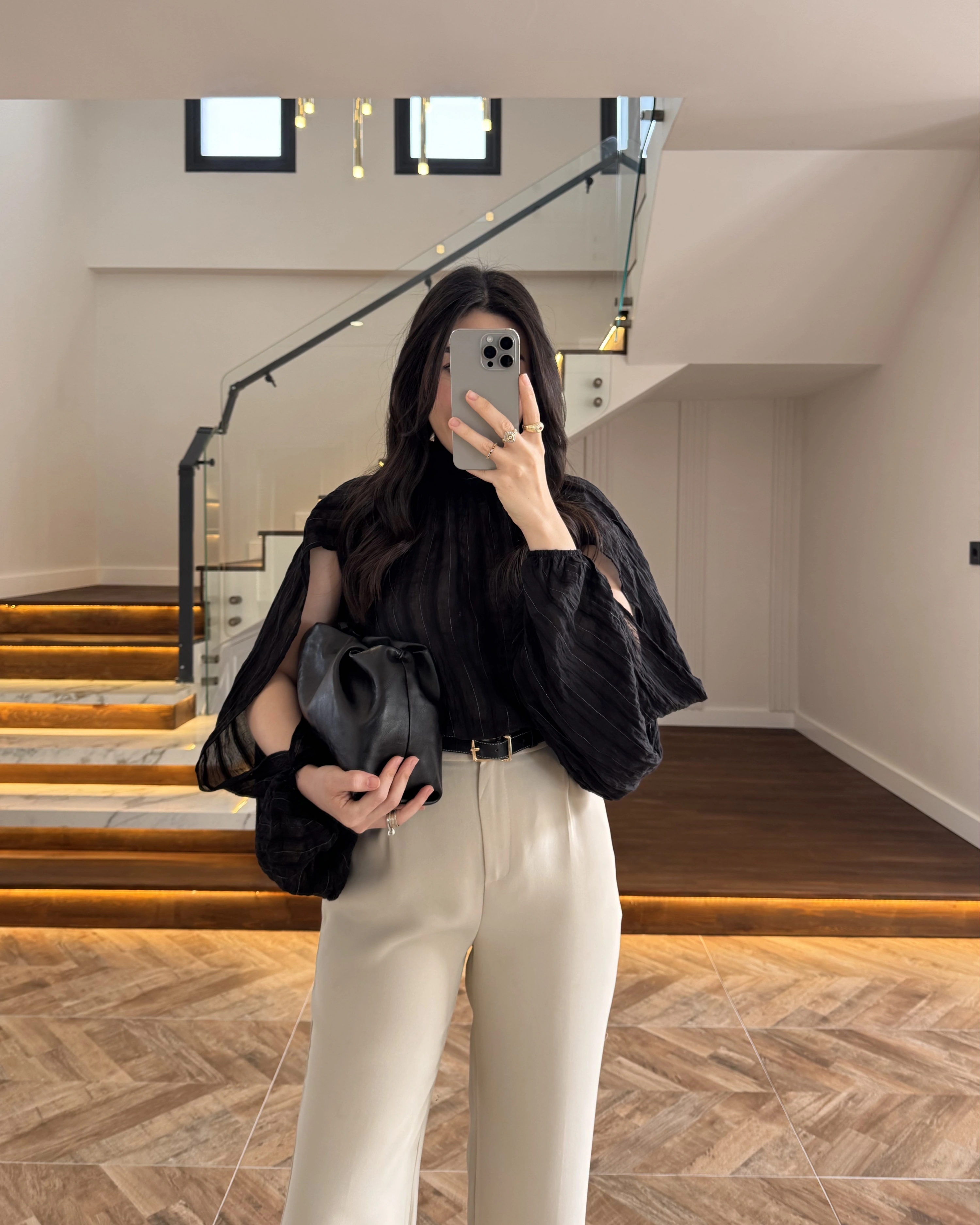 SİYAH TASARIM BALON KOL BLUZ -5415