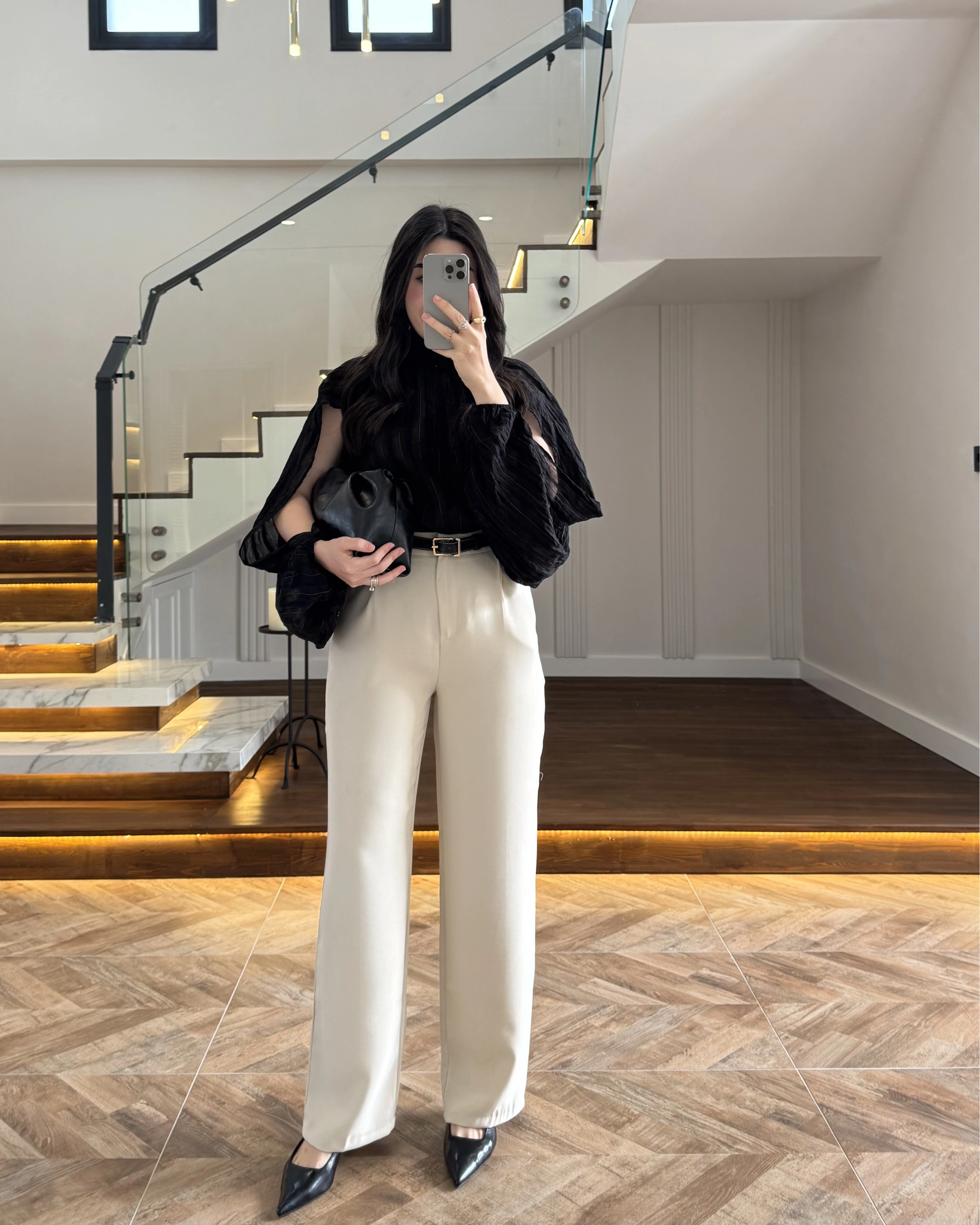 SİYAH TASARIM BALON KOL BLUZ -5415