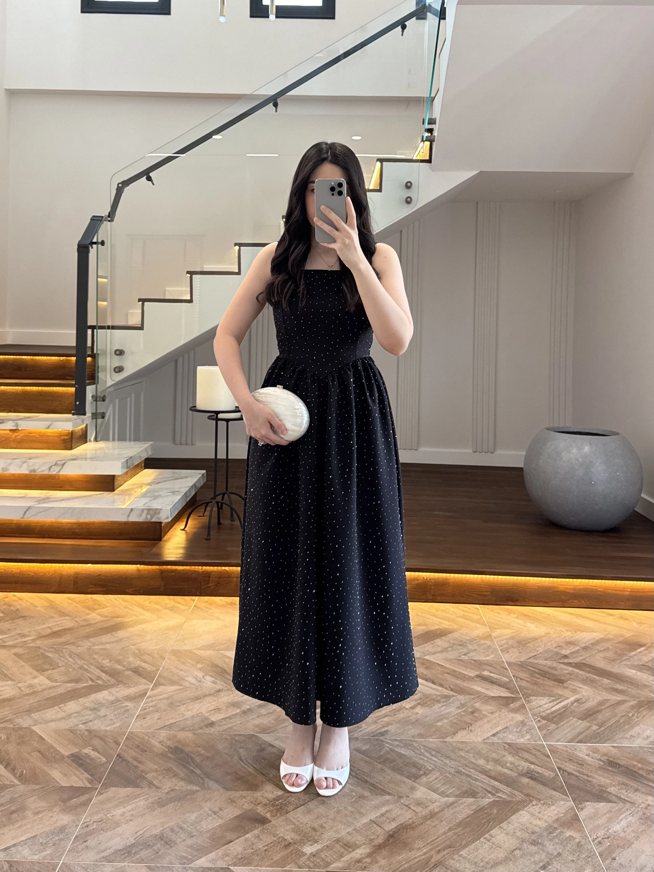 (ÖN SİPARİŞ )SİYAH TAŞLI KUŞAKLI ELBİSE -3970