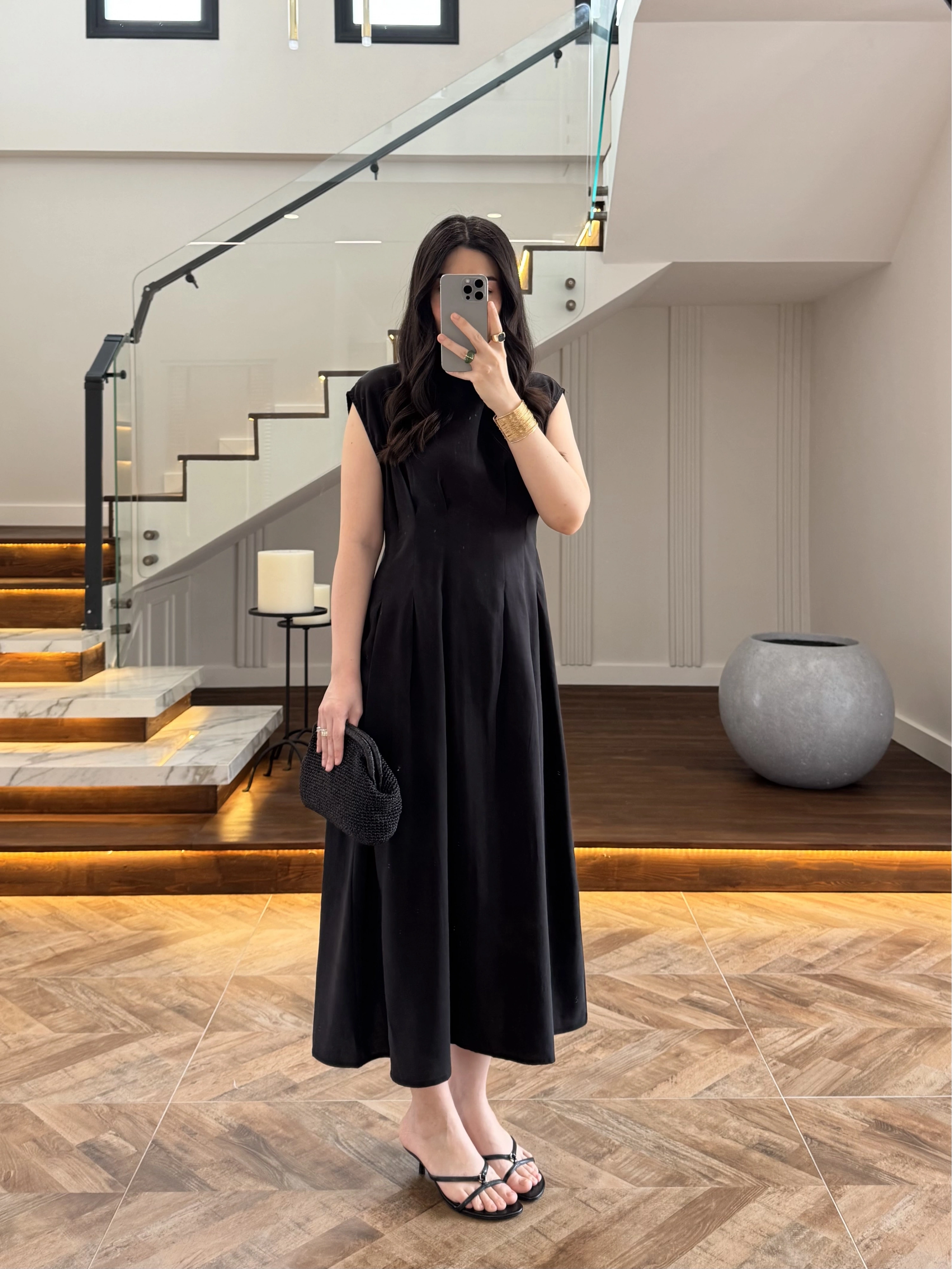 SİYAH TENSEL KUŞAKLI PENSLİ ELBİSE-260987